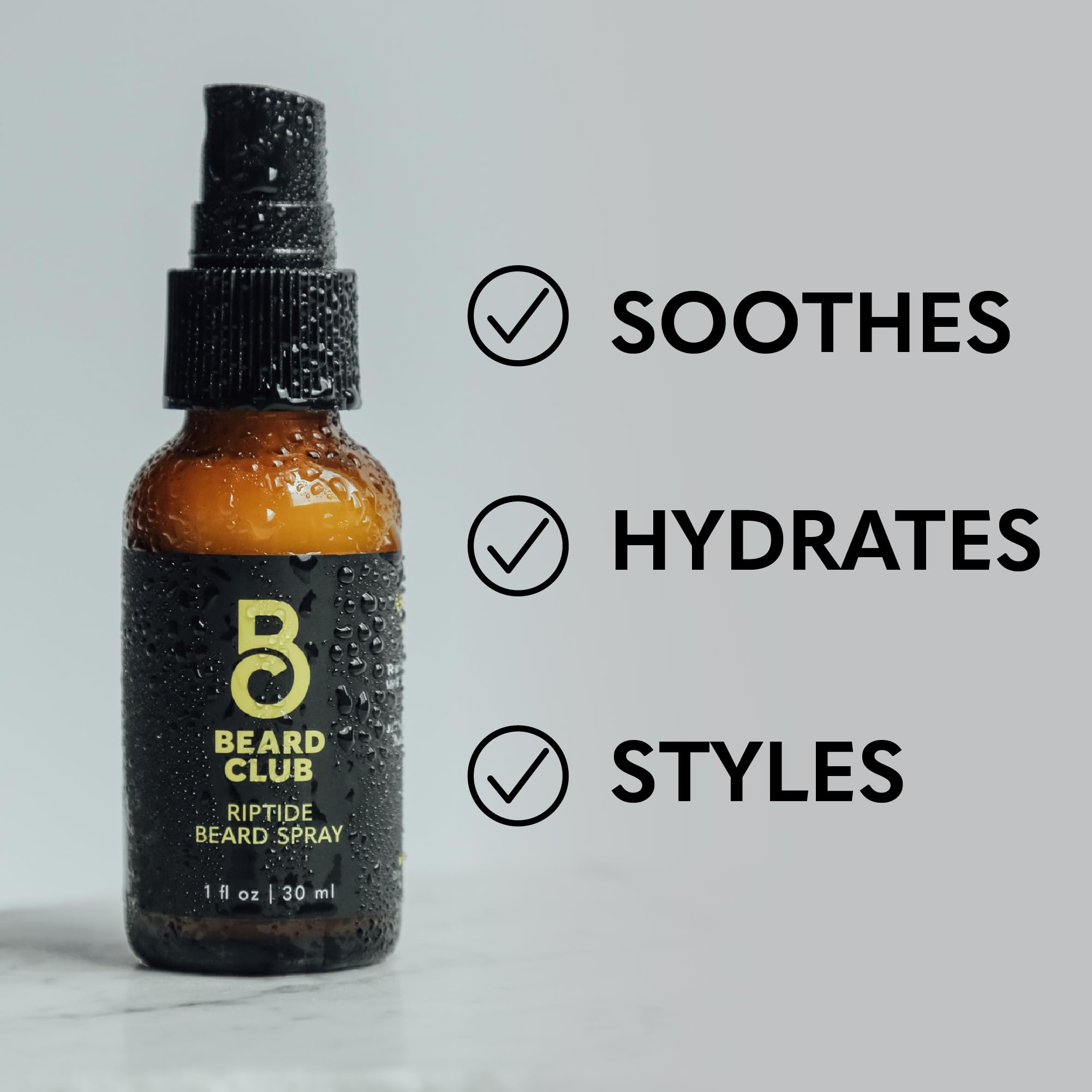 The Beard Club Riptide Beard Softening Spray promotes natural shine on beard.