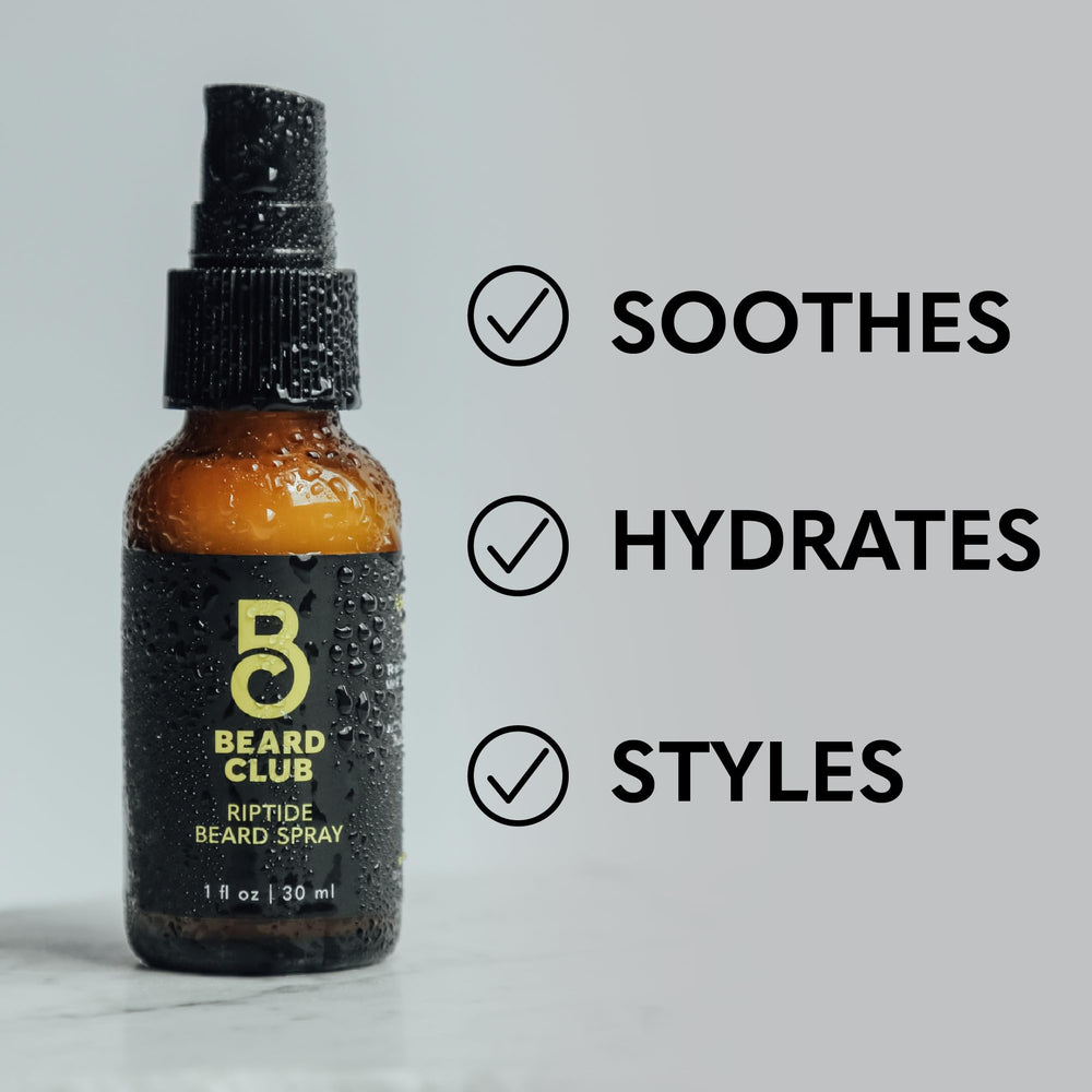 The Beard Club Riptide Beard Softening Spray promotes natural shine on beard.