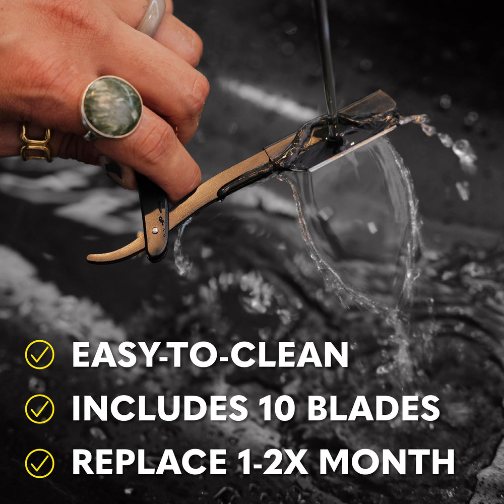 The Beard Club ergonomic handle provides a secure grip for safe shaving.