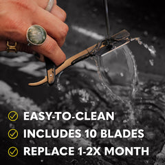 The Beard Club ergonomic handle provides a secure grip for safe shaving.
