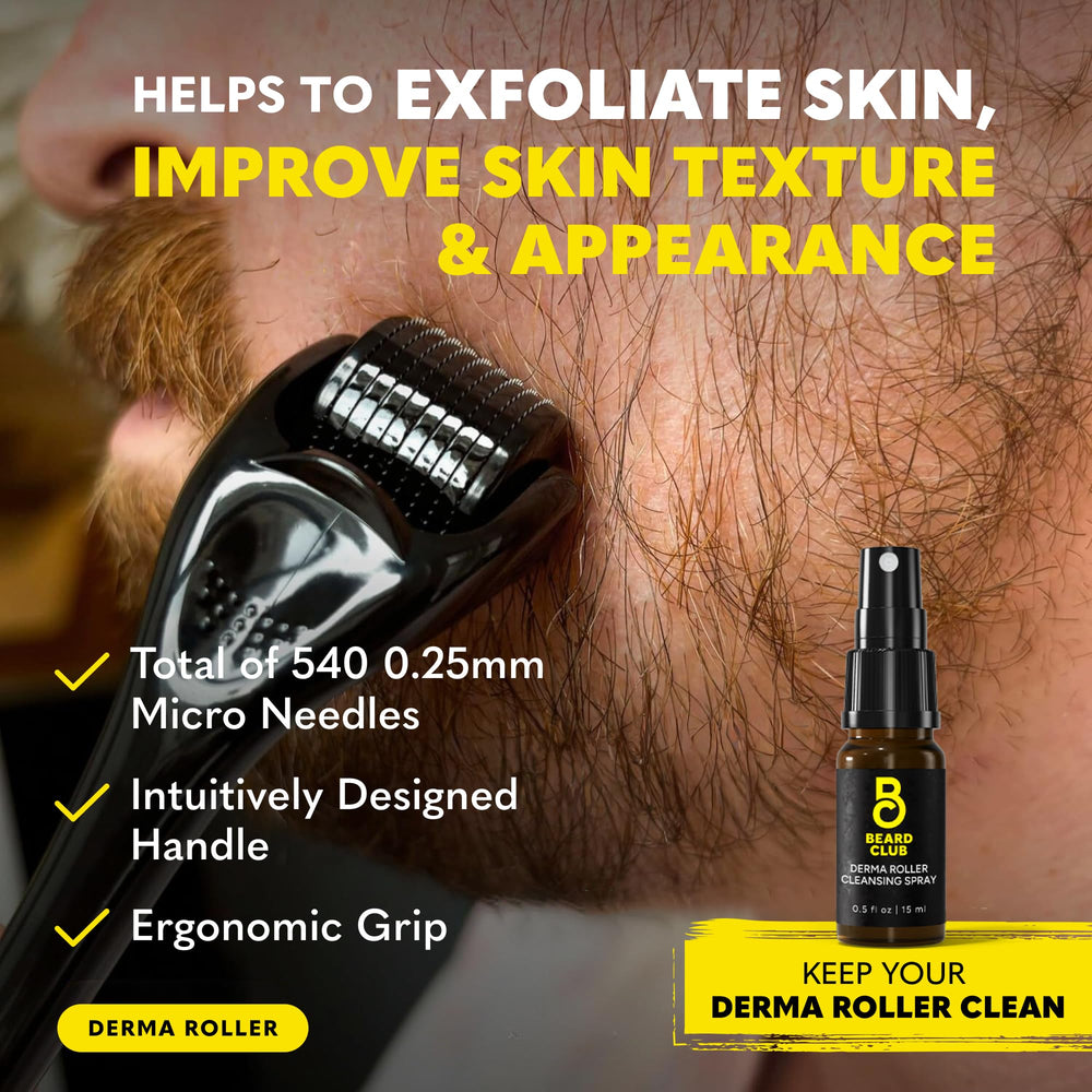 The Beard Club cleansing spray with derma roller setup for daily care