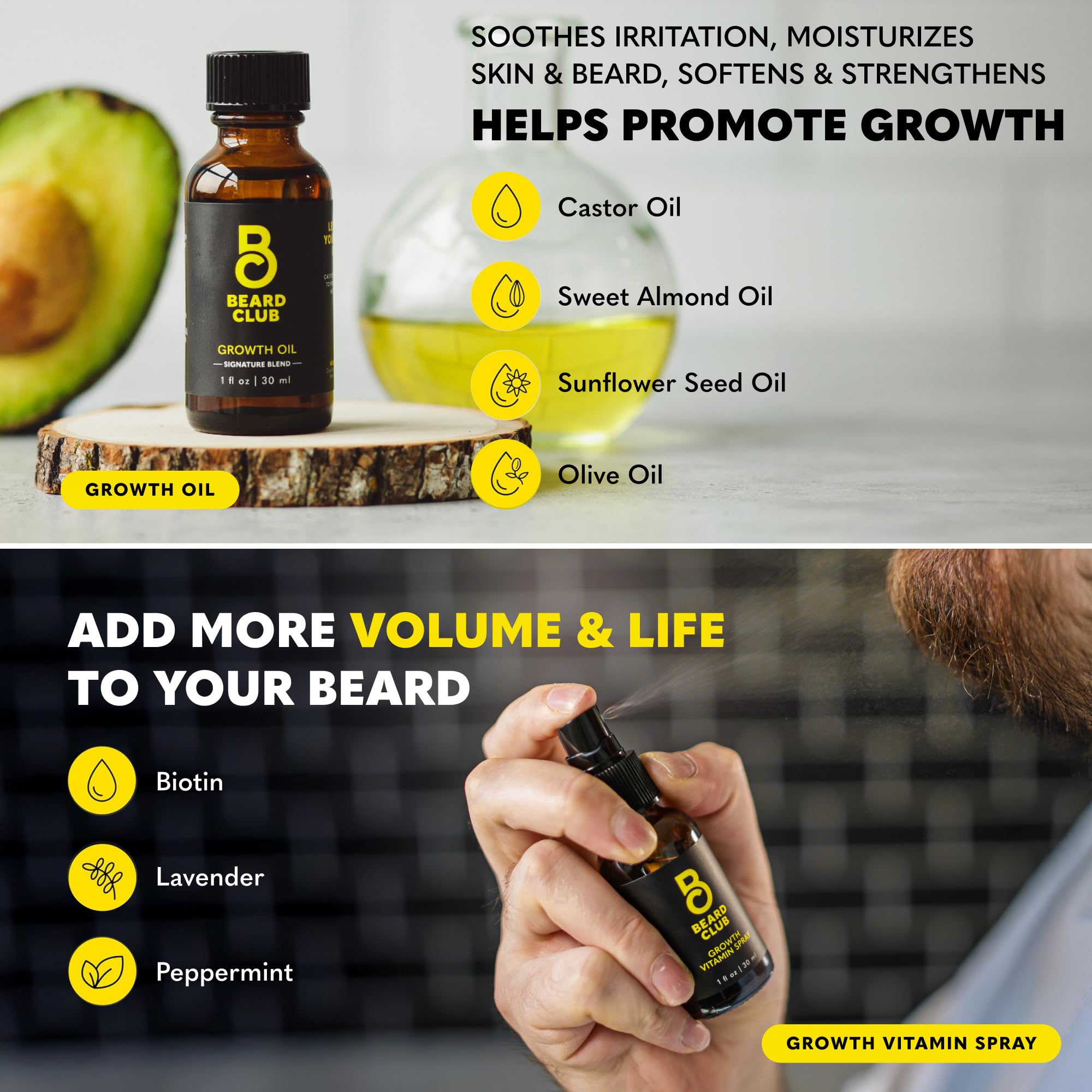The Beard Club growth oil bottle showing nourishing oils for softer beard