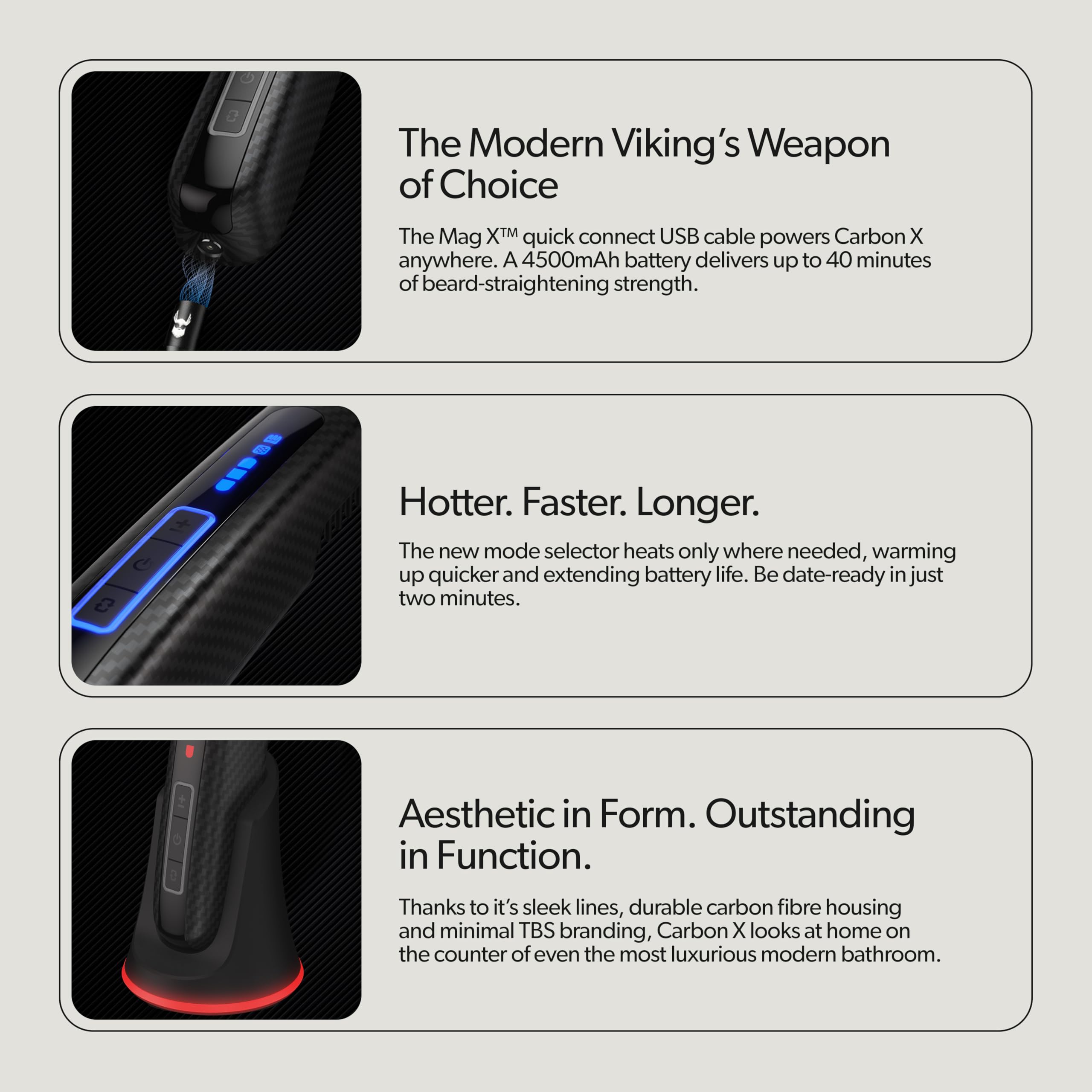 The Beard Struggle Carbon X Heated Brush 3-in-1 packaging conveys convenience and professional styling