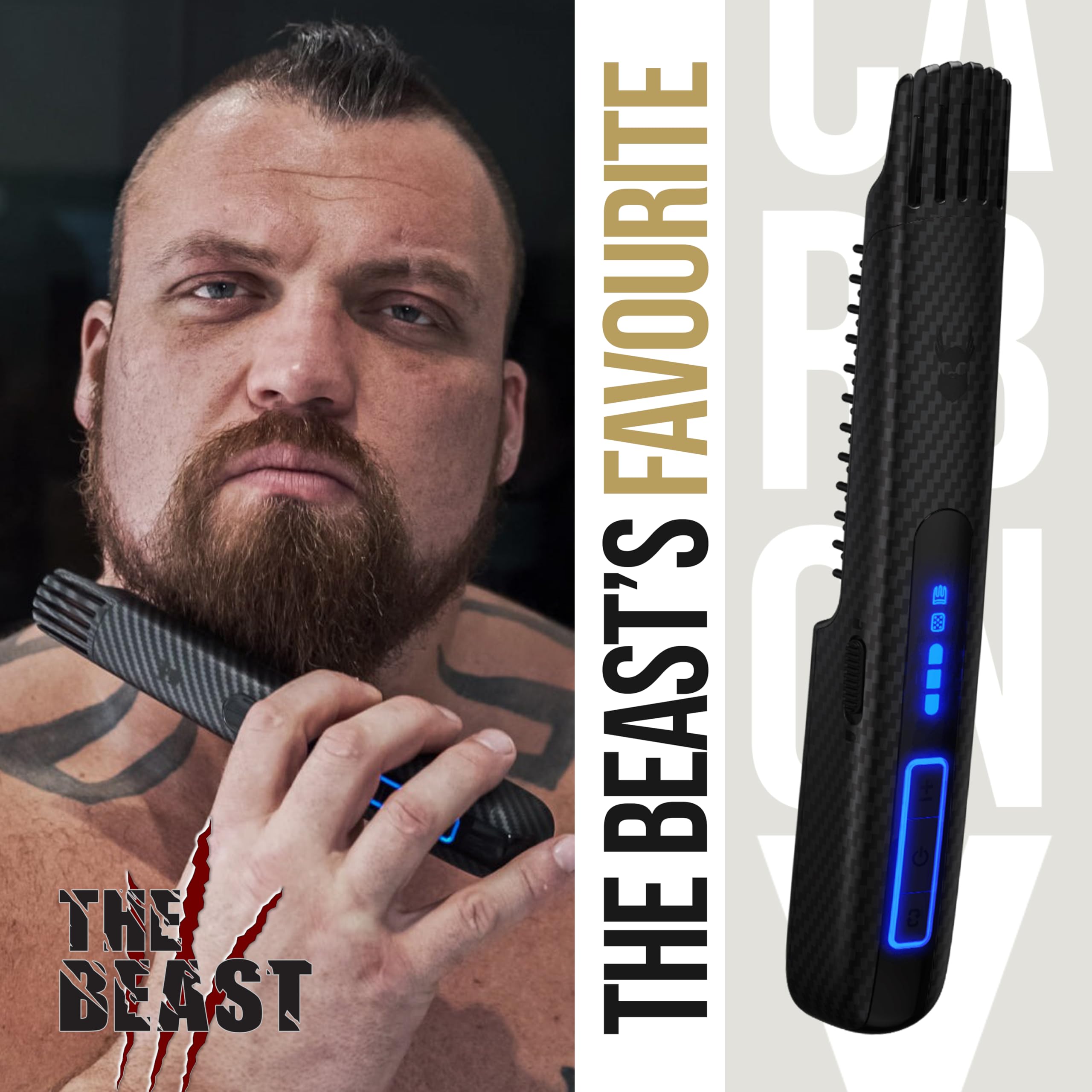 The Beard Struggle Carbon X Heated Brush in-use shot demonstrates fast heating for quick grooming