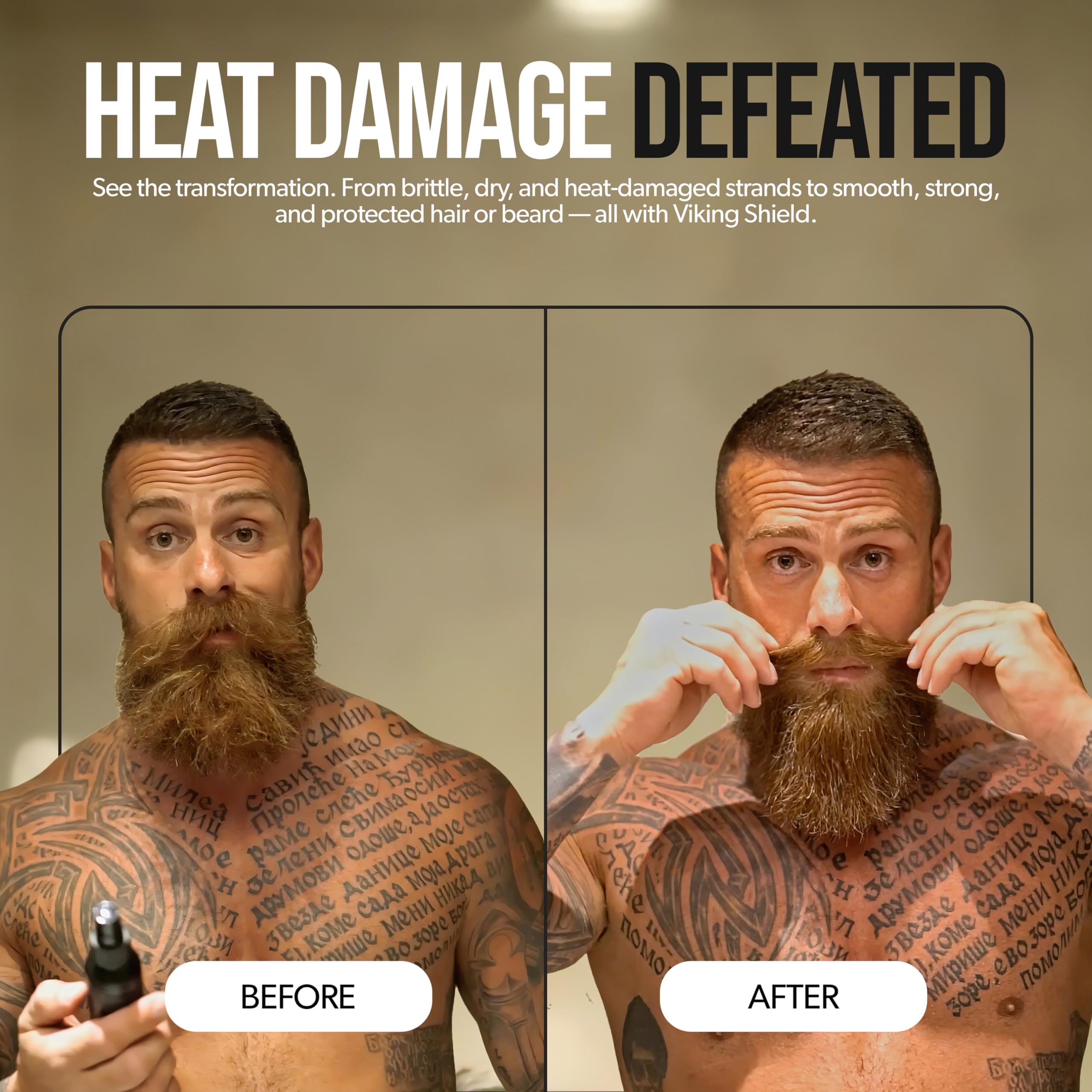 The Beard Struggle Viking Shield application on dry beard before heat styling.