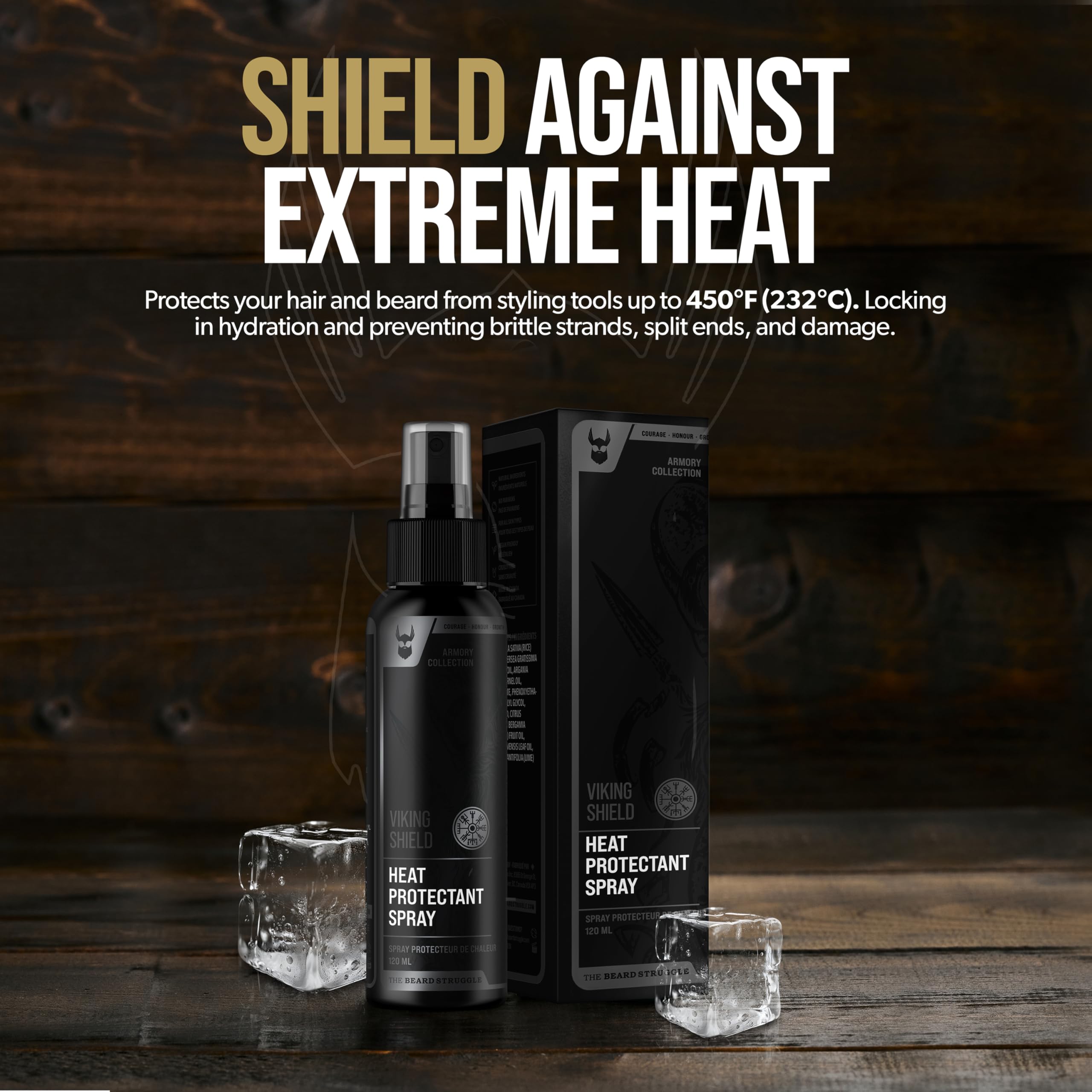The Beard Struggle Viking Shield bottle ready for use before straightening up to 450°F.