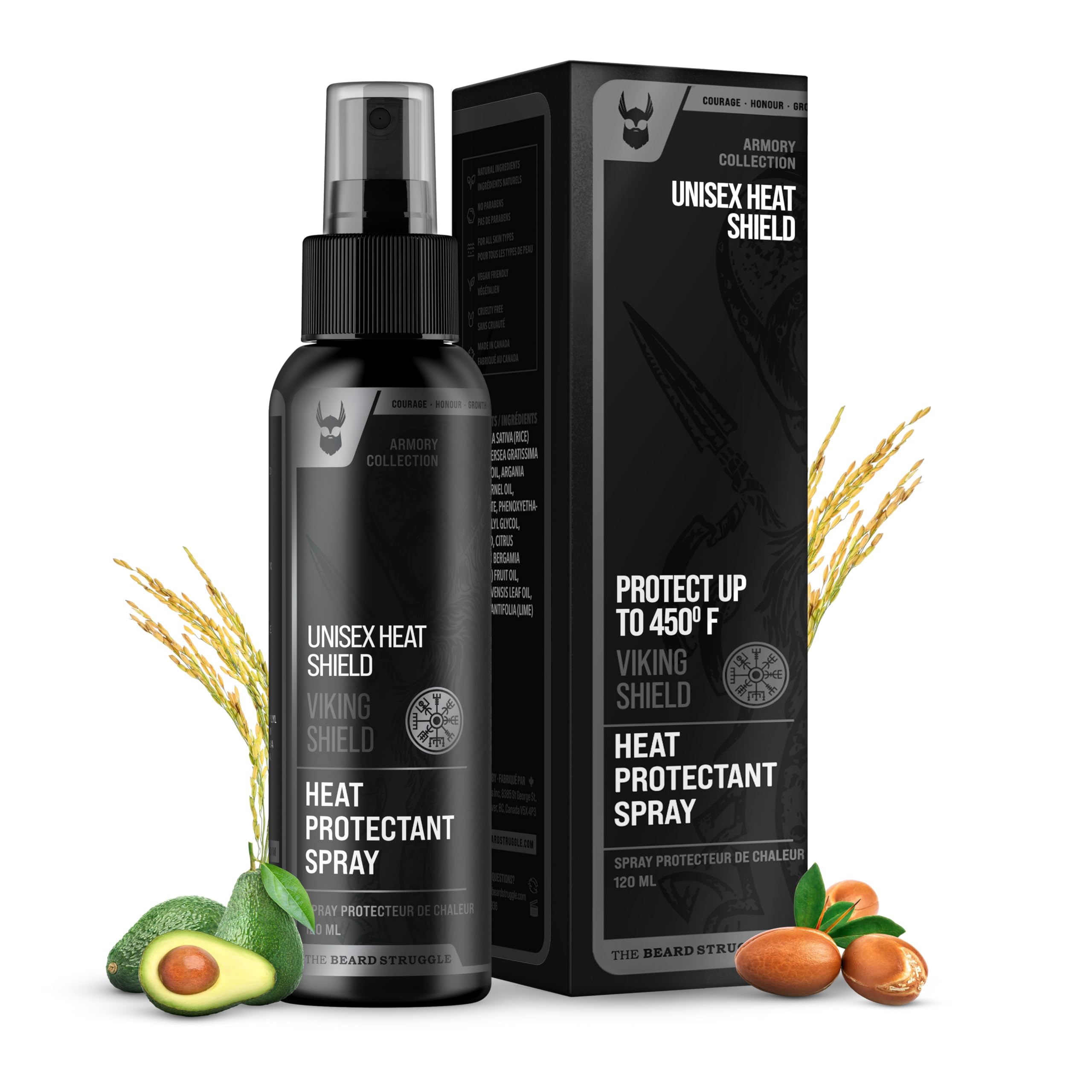 The Beard Struggle Viking Shield heat-protectant spray guards beard during styling.