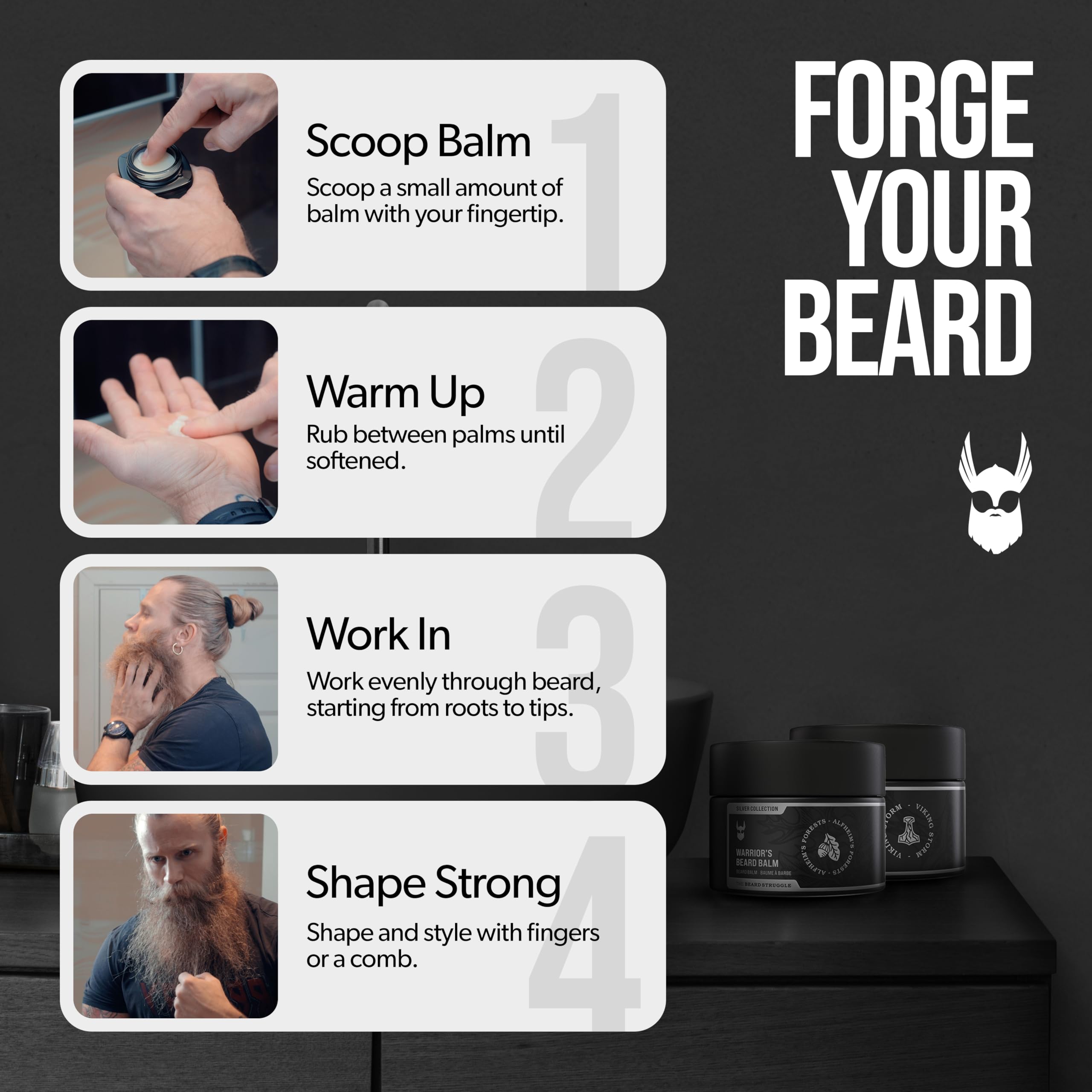 The Beard Struggle Warrior Balm application scene—easy, non-greasy styling.