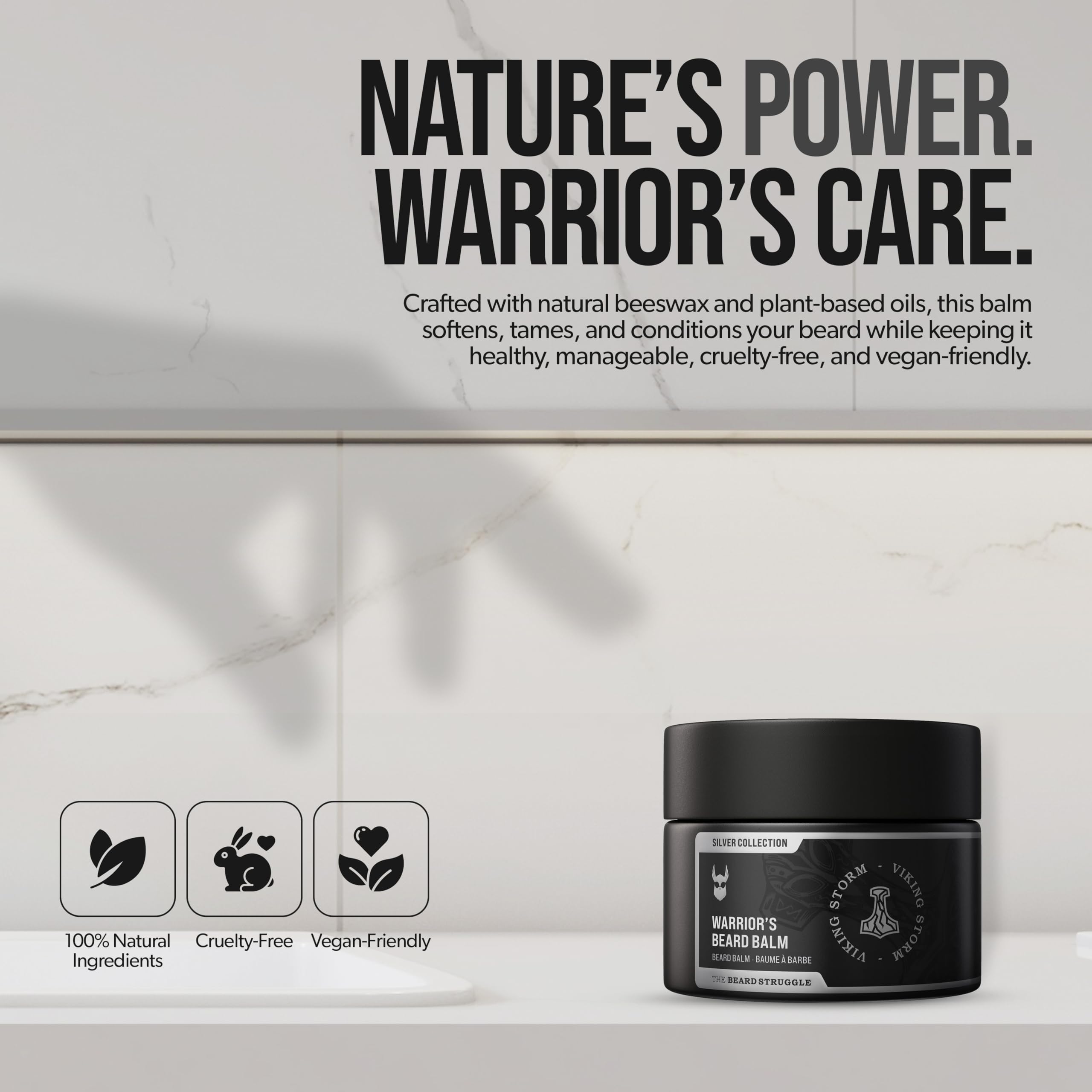 The Beard Struggle Warrior Balm medium-hold styling—keeps mustache and beard in place.