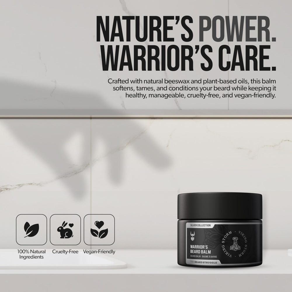 The Beard Struggle Warrior Balm medium-hold styling—keeps mustache and beard in place.