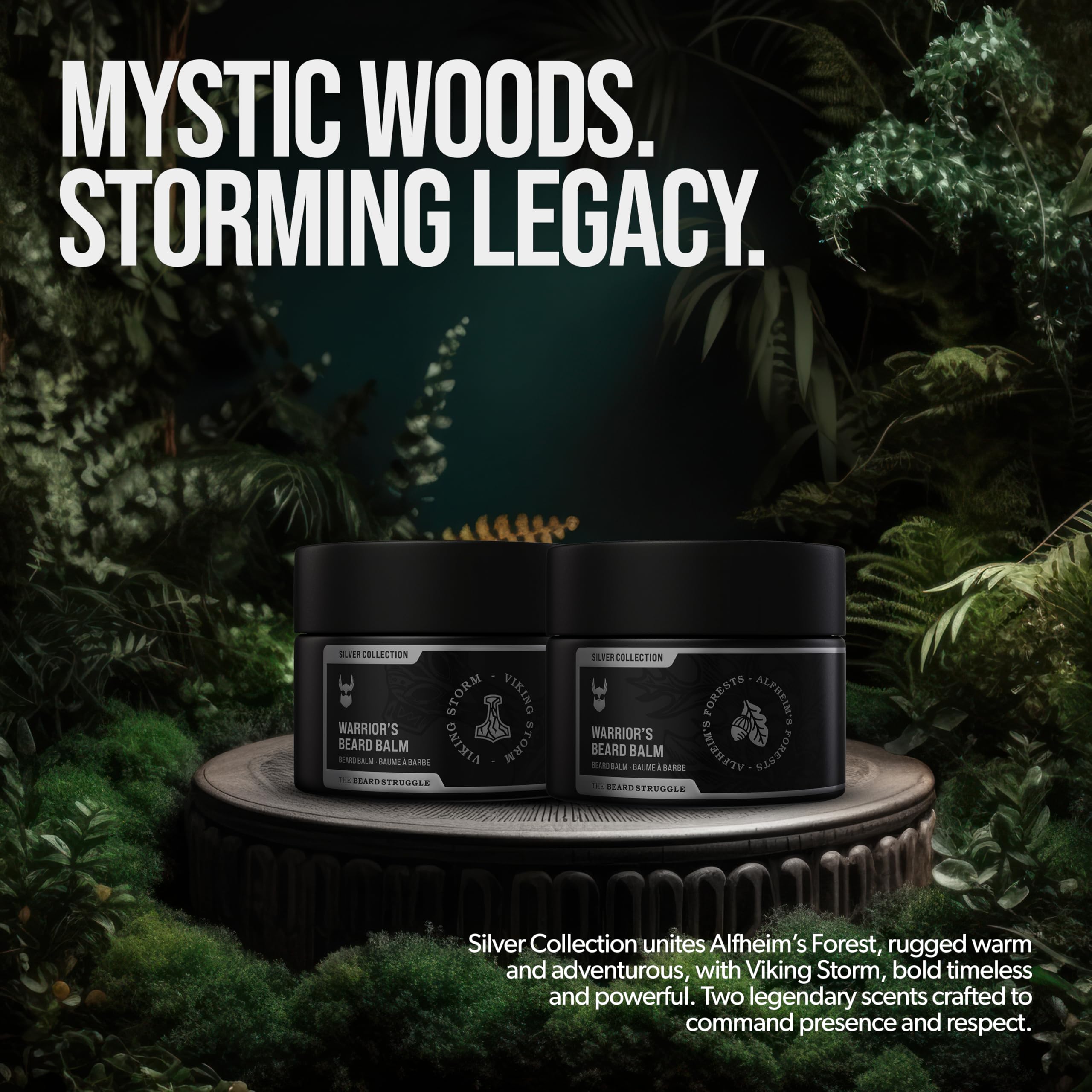 The Beard Struggle Warrior Balm Viking Storm scent—bold, masculine fragrance for confident grooming.