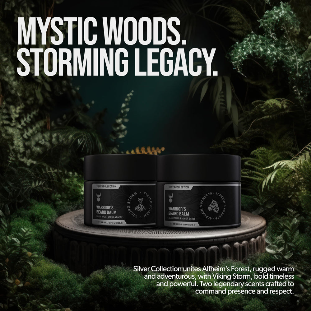 The Beard Struggle Warrior Balm Viking Storm scent—bold, masculine fragrance for confident grooming.