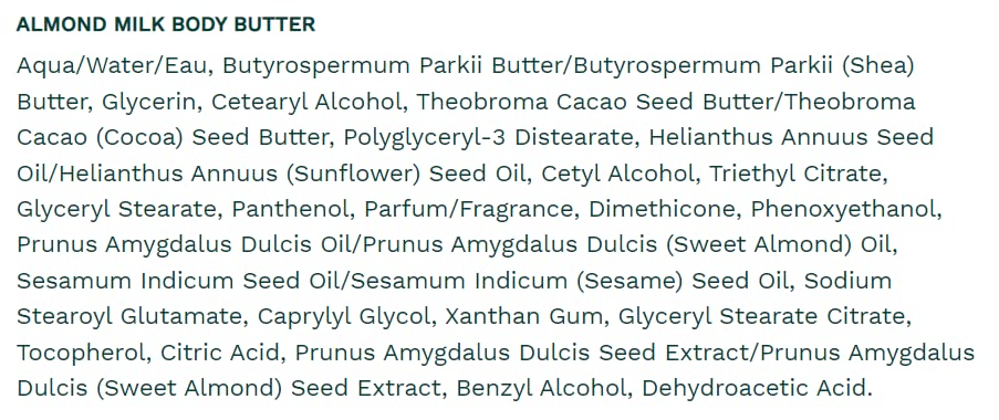 The Body Shop Almond Milk Body Butter vegan label indicating plant based hydration.