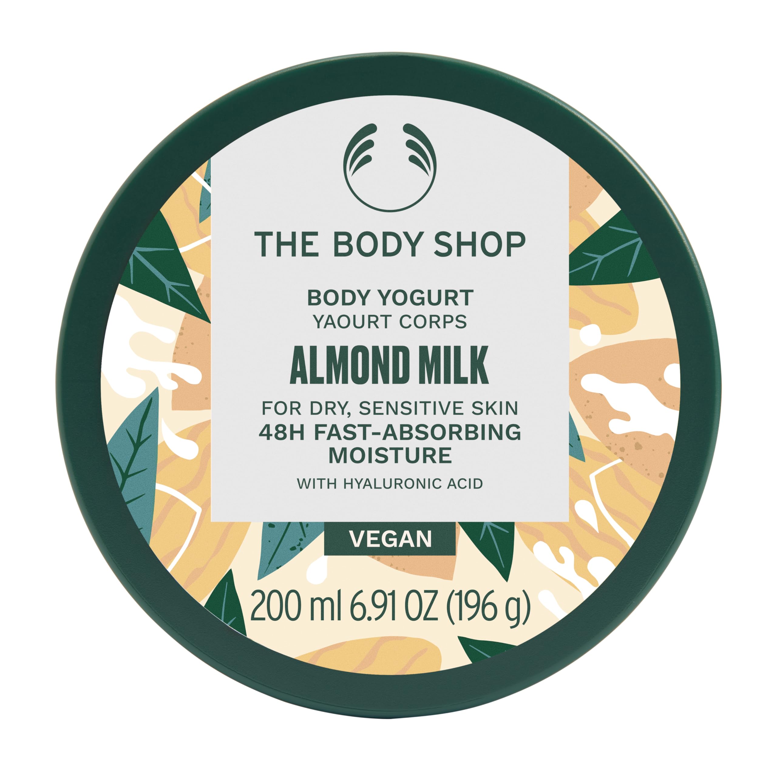 The Body Shop Almond Milk Body Yogurt jar close-up showing smooth, long-lasting moisture