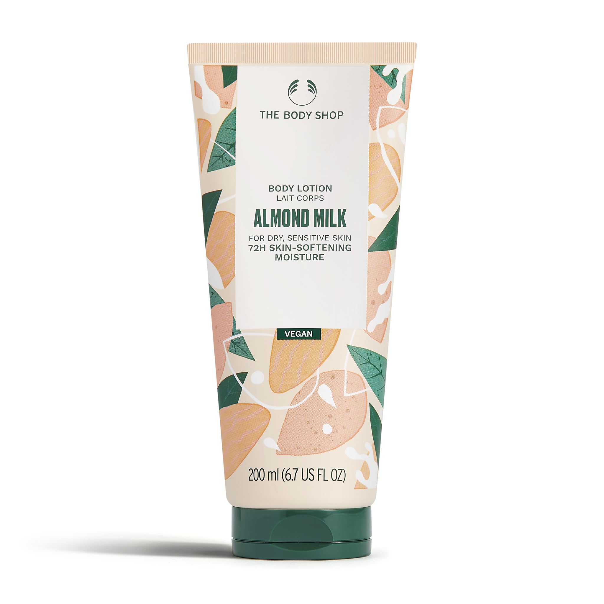 The Body Shop Almond Milk & Honey lotion bottle showing lightweight hydration suitable for dry skin.