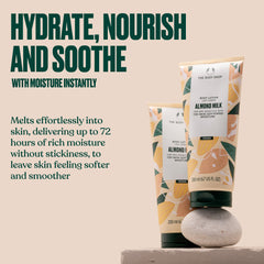 Texture swatch of The Body Shop lotion highlighting silky, non-greasy finish.