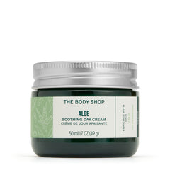 The Body Shop Aloe Vera Day Cream jar close-up for sensitive skin hydration.