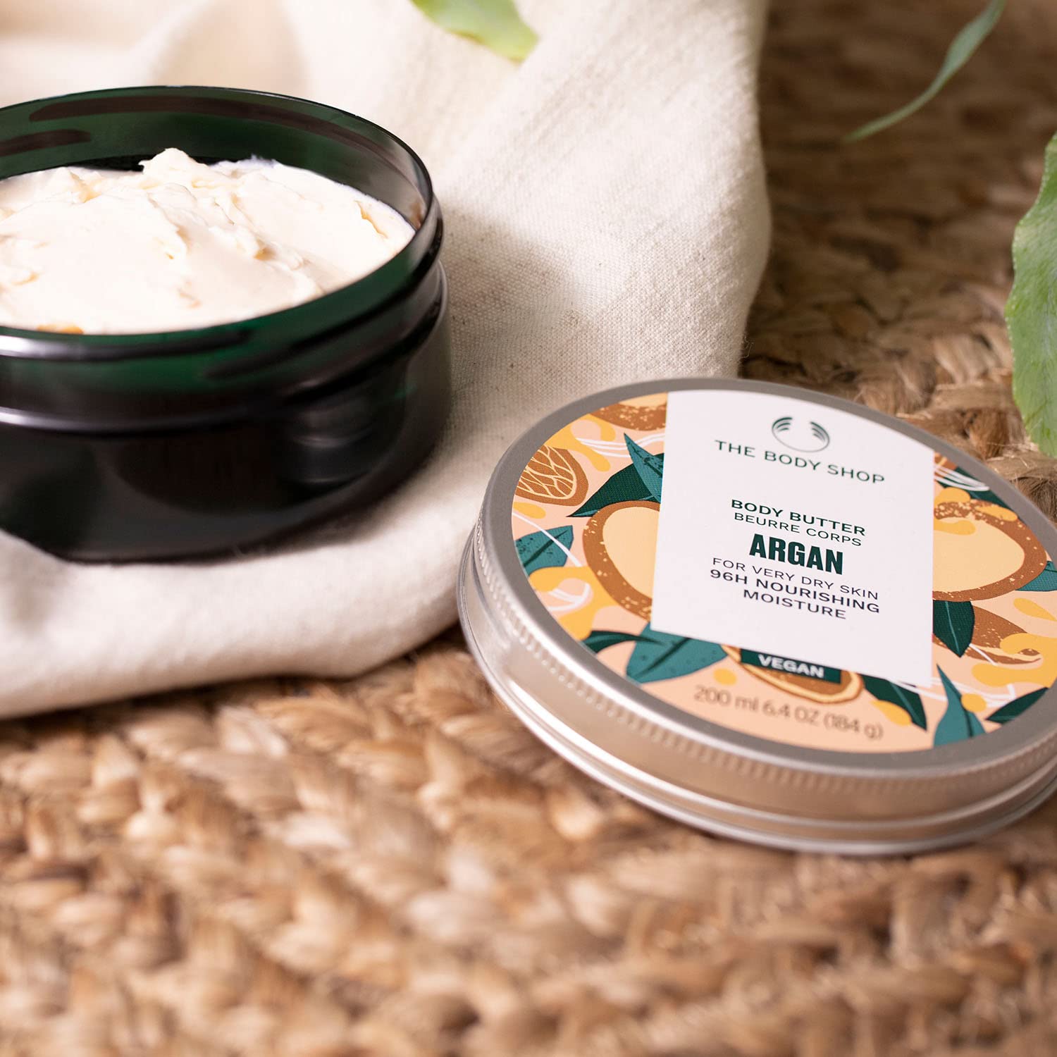 The Body Shop Argan Body Butter packaging recyclable with aluminium lid and recycled tub