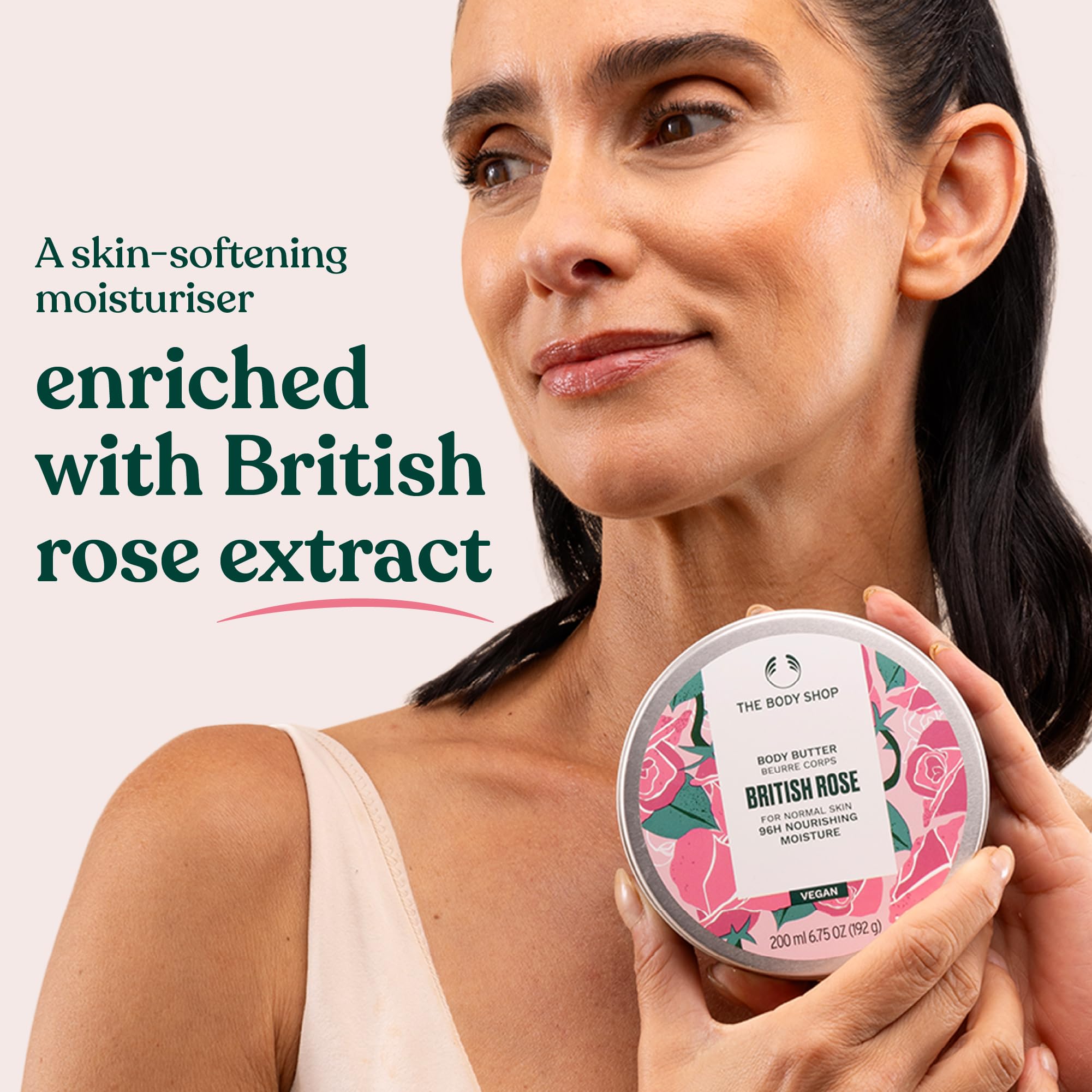 British Rose Body Butter packaging highlighting recyclable materials and sustainability.