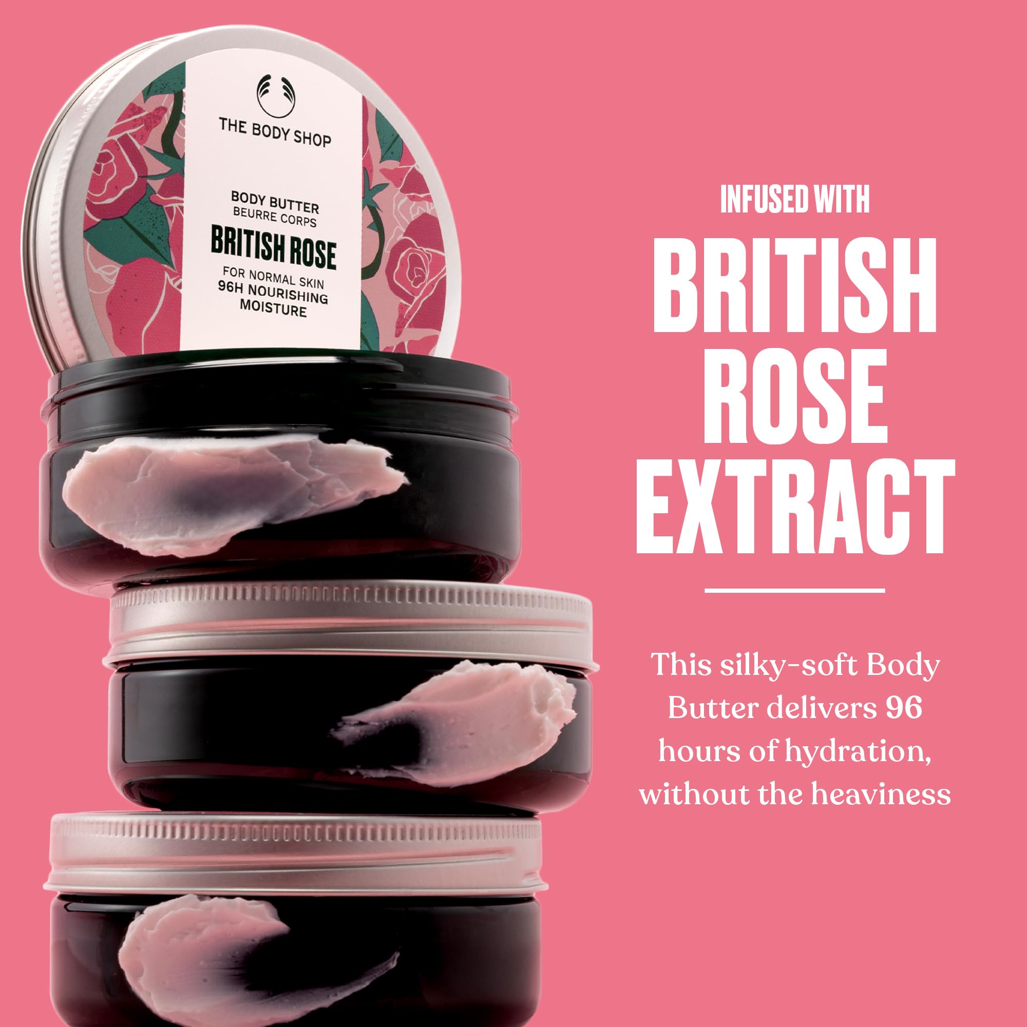British Rose Body Butter rose scent on The Body Shop product for mood-enhancing fragrance.