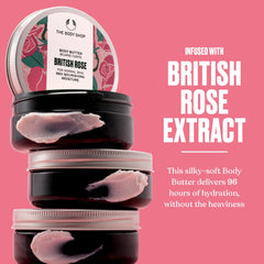 British Rose Body Butter rose scent on The Body Shop product for mood-enhancing fragrance.