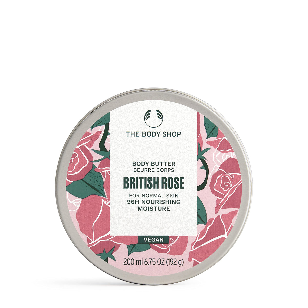 The Body Shop British Rose Body Butter tub close-up showing nourishing hydration.