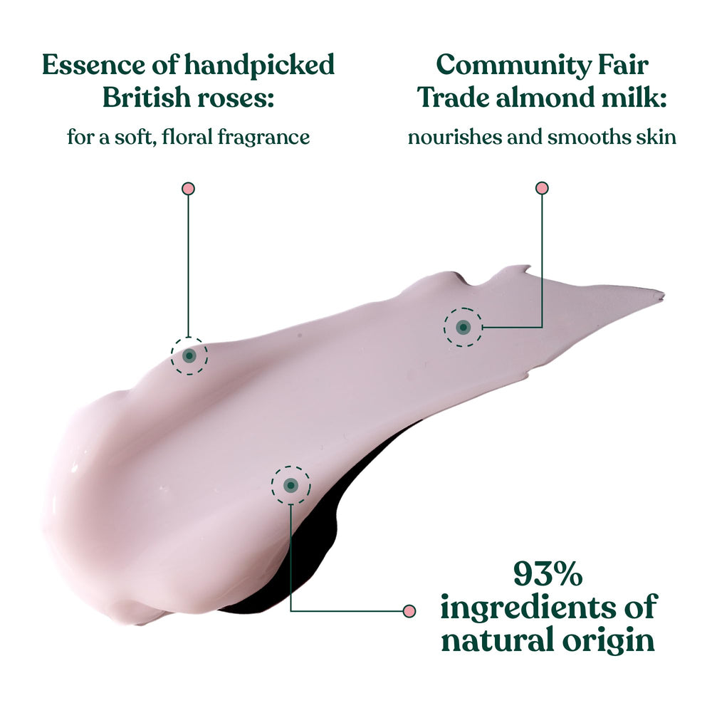 The Body Shop British Rose Body Yogurt almond milk from Spain supports a vegan formula
