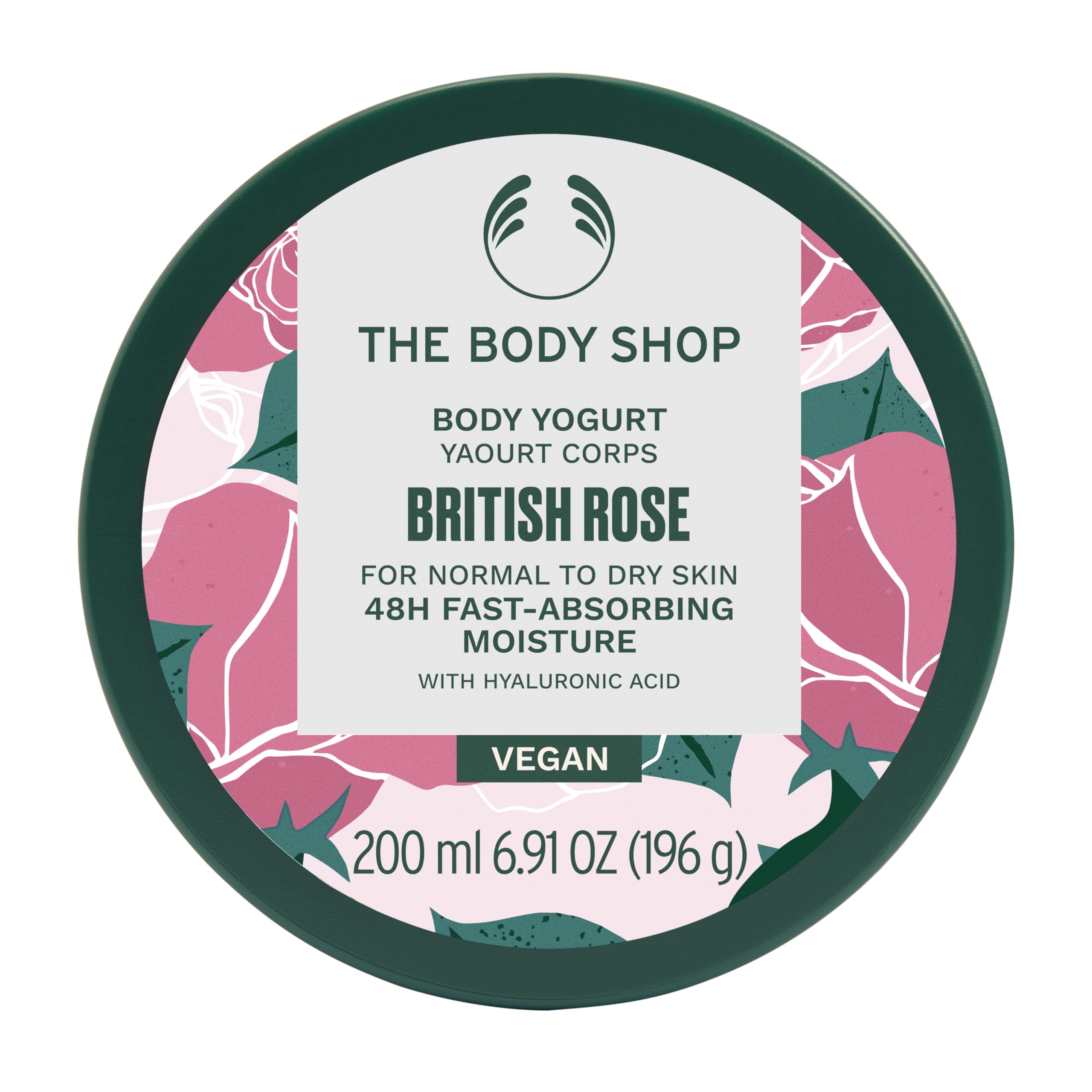 The Body Shop British Rose Body Yogurt packaging on shelf highlighting vegan skincare