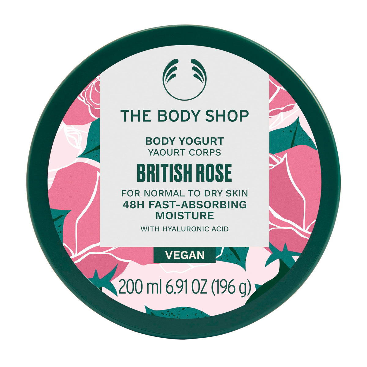 The Body Shop British Rose Body Yogurt packaging on shelf highlighting vegan skincare