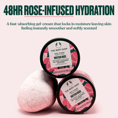 The Body Shop British Rose Body Yogurt texture swatch shows lightweight, fast-absorbing formula
