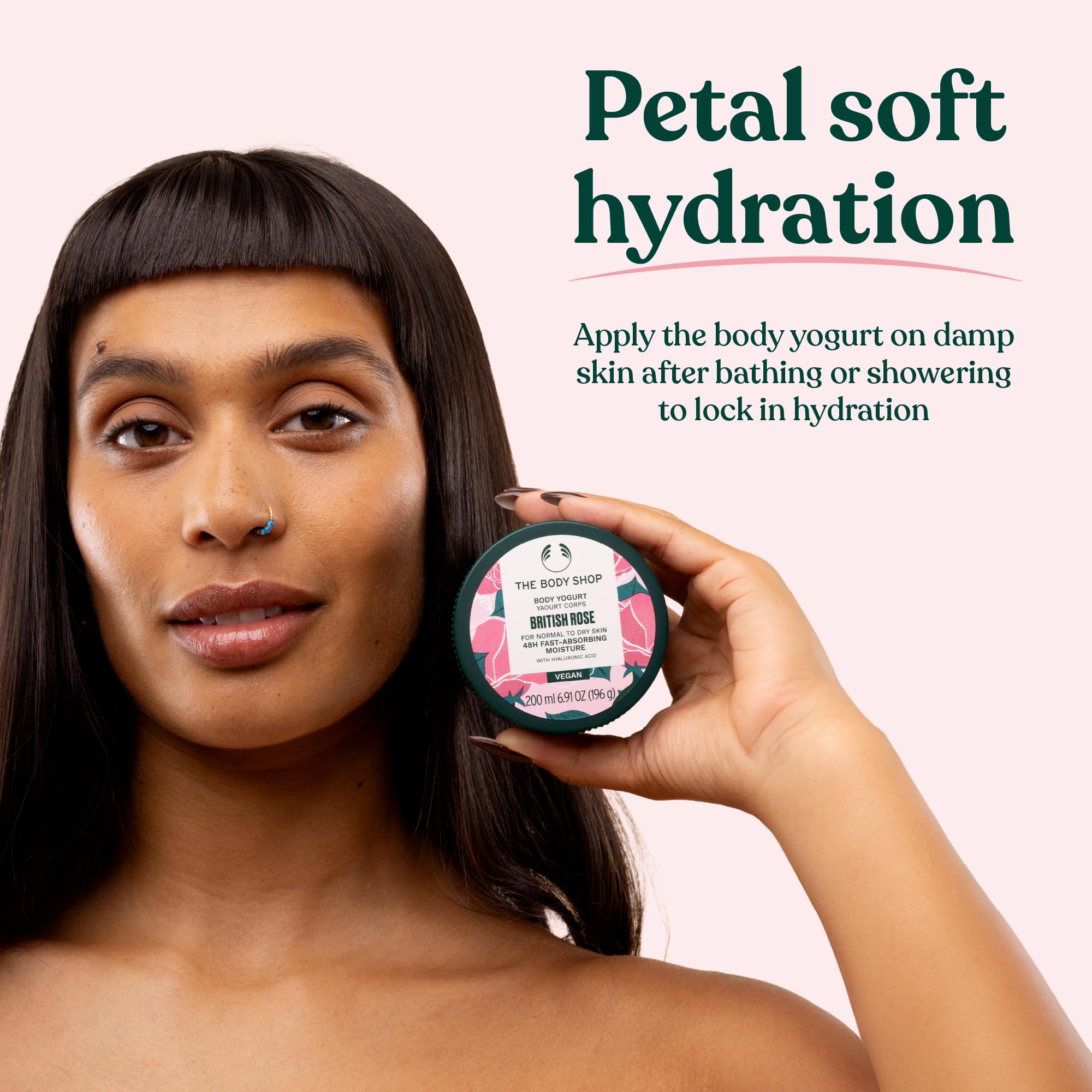 The Body Shop British Rose Body Yogurt vegan-certified label signals 100% vegan moisturizer