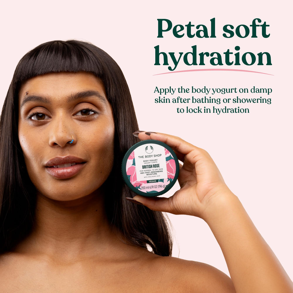 The Body Shop British Rose Body Yogurt vegan-certified label signals 100% vegan moisturizer