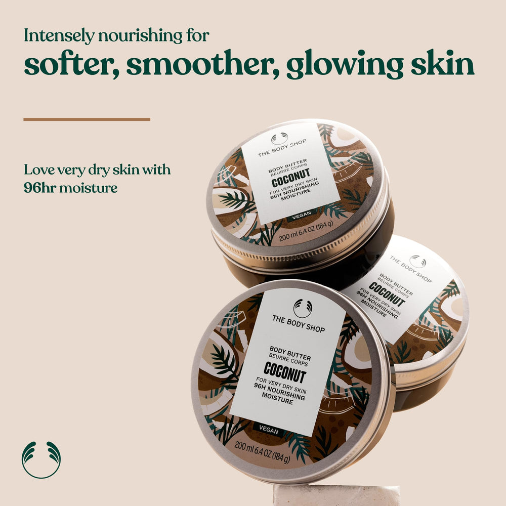 The Body Shop Coconut Body Butter jar close-up highlights creamy texture for long-lasting moisture.