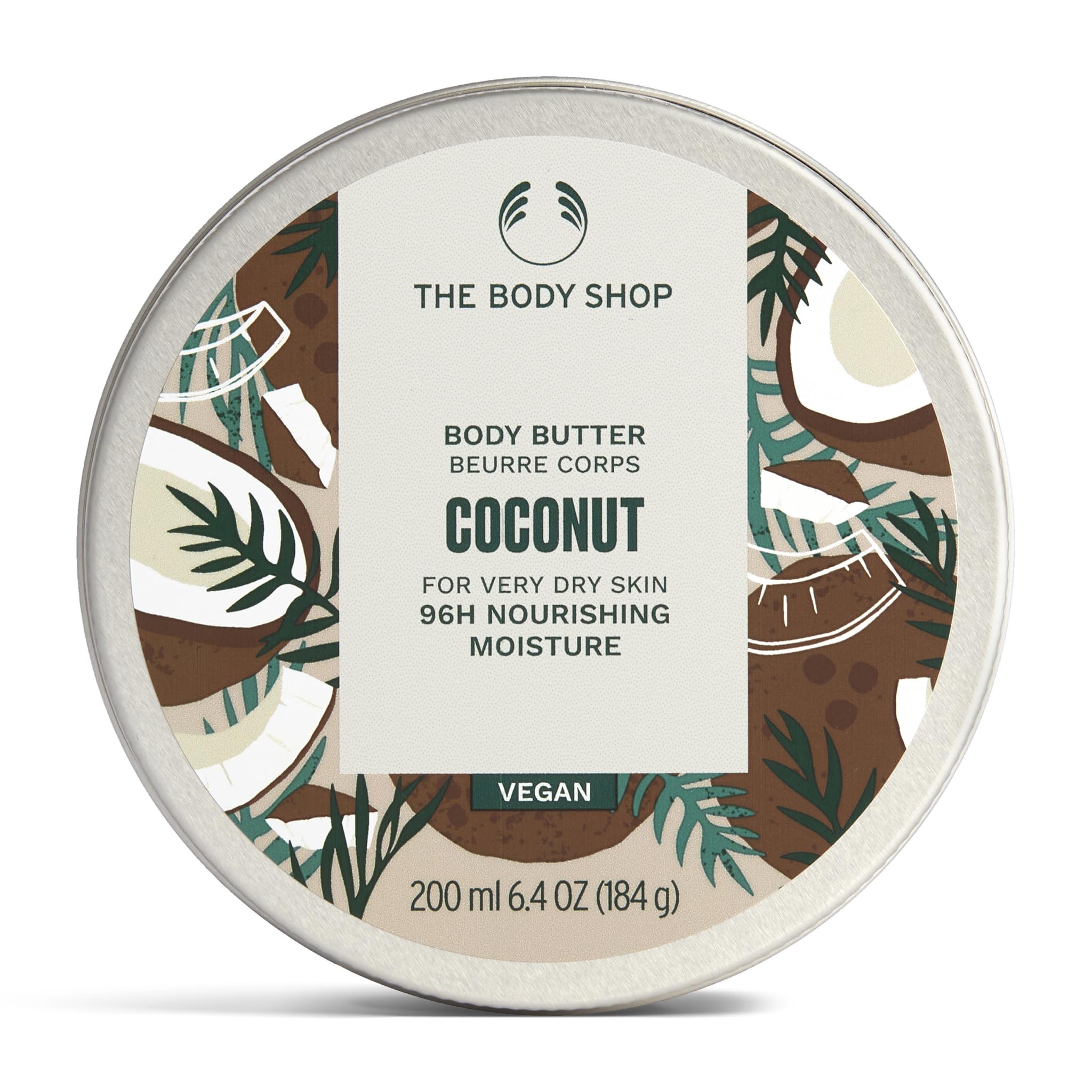 The Body Shop Coconut Body Butter packaging close-up shows recyclable materials and nourishing formula.
