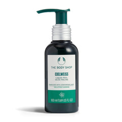 The Body Shop Edelweiss Liquid Peel bottle close-up showing gentle exfoliation for clean, refreshed skin.