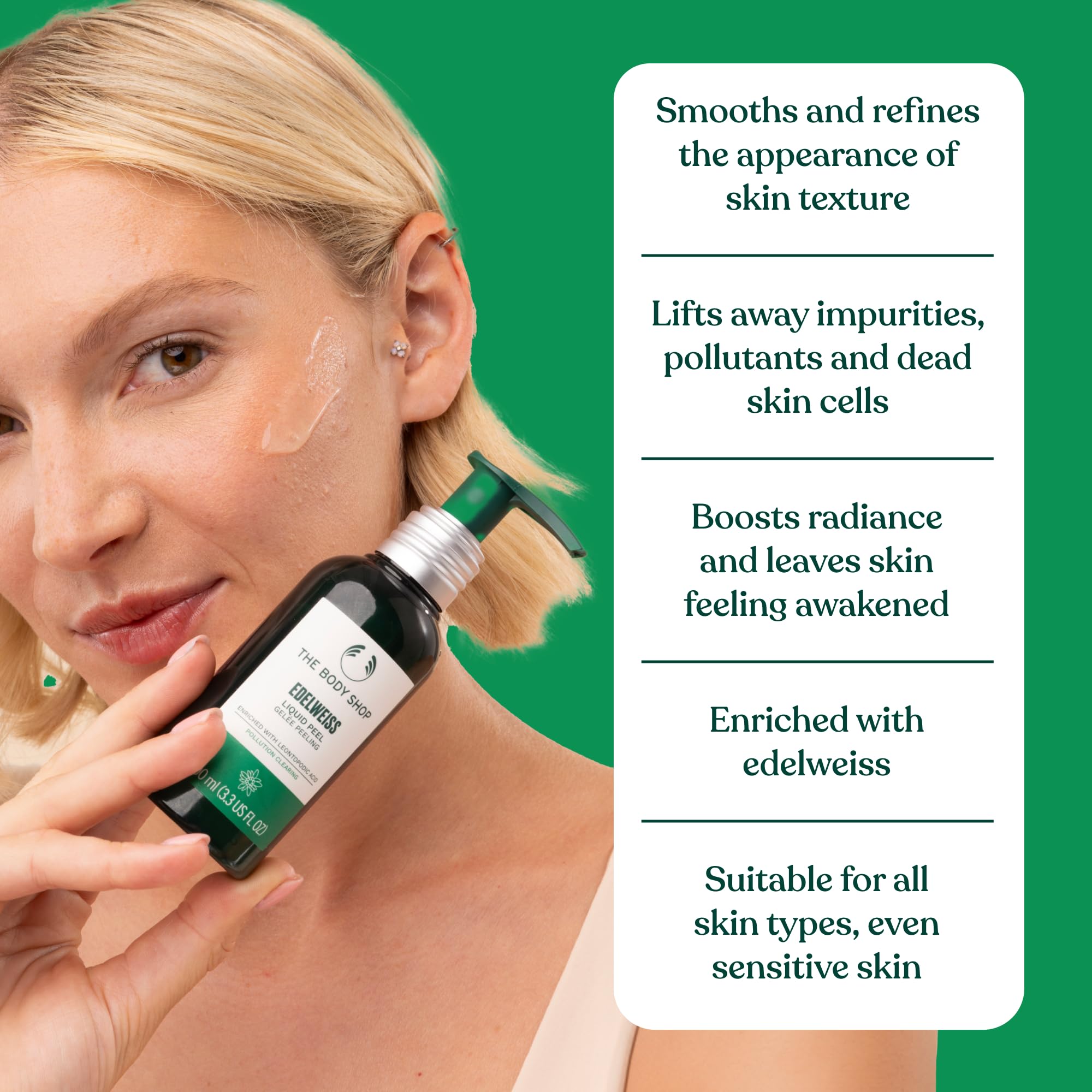 The Body Shop Edelweiss Liquid Peel ingredient close-up emphasizes edelweiss extract and antioxidant power.
