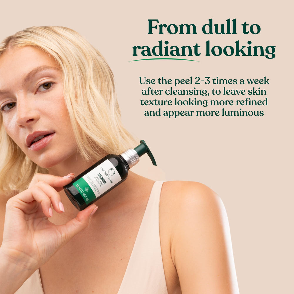 The Body Shop Edelweiss Liquid Peel packaging shows a bottle made from 100% post-consumer recycled plastic.