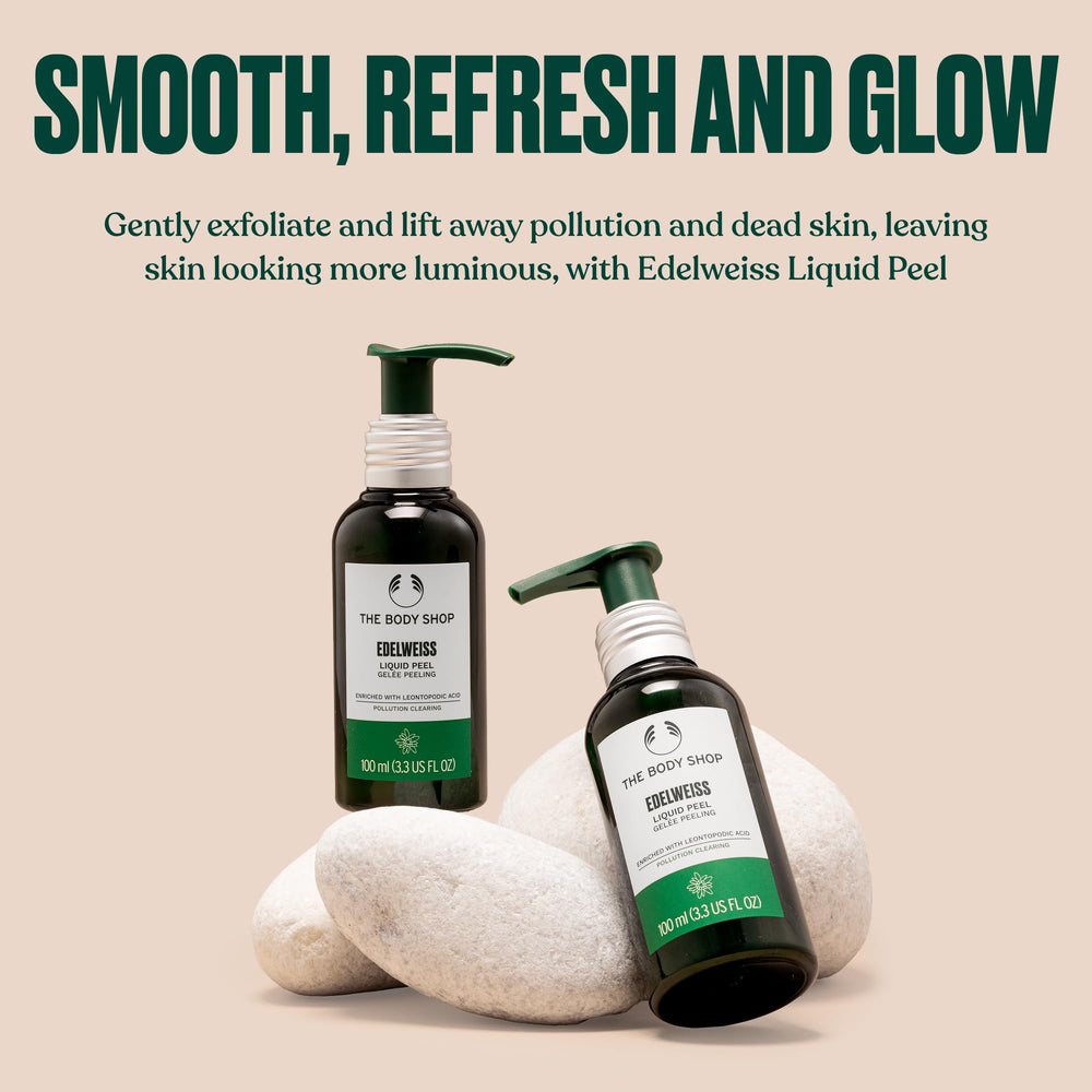 The Body Shop Edelweiss Liquid Peel texture close-up highlighting gel-to-peel action lifting impurities.