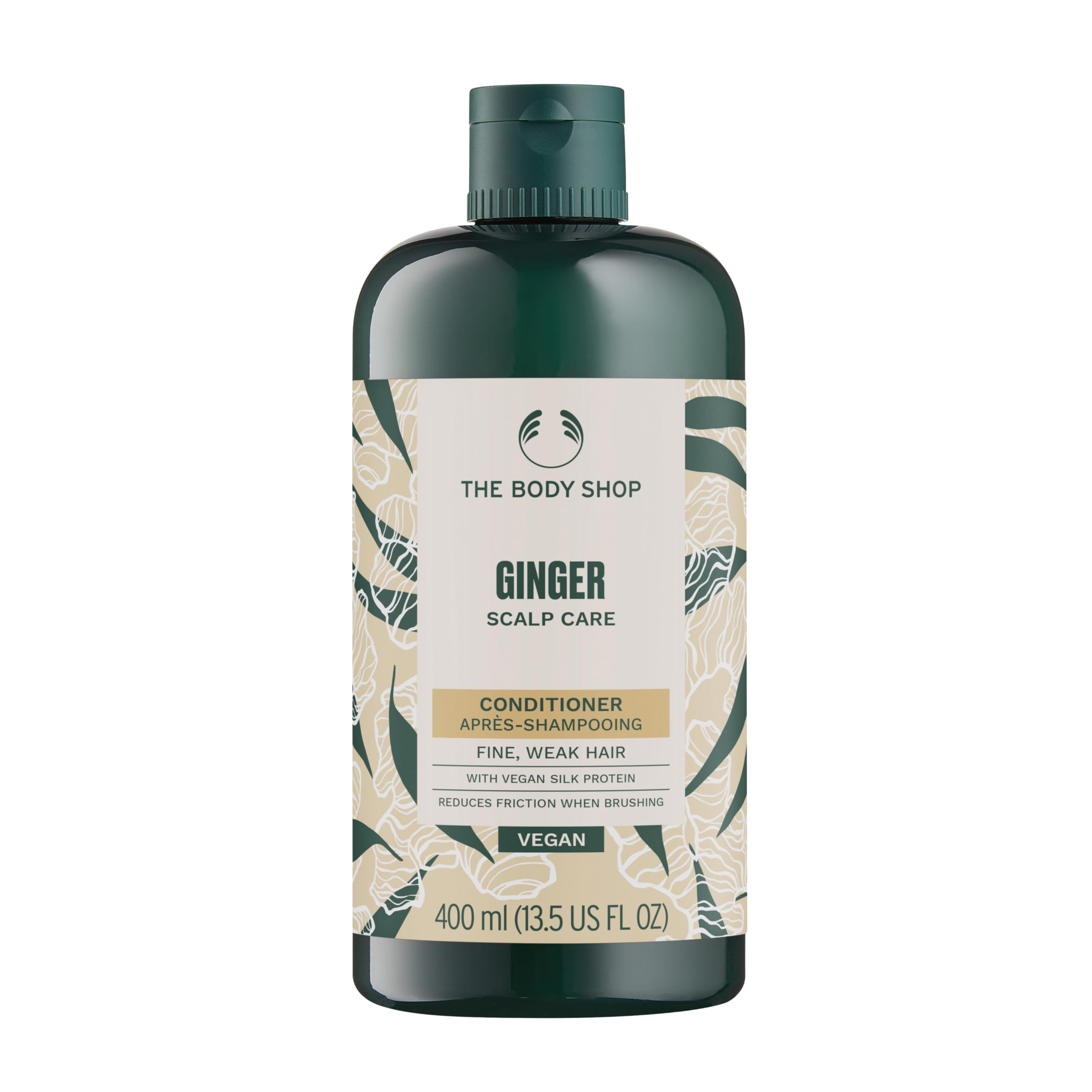 The Body Shop Ginger Scalp Care Conditioner bottle close-up, smoother detangling for fine hair