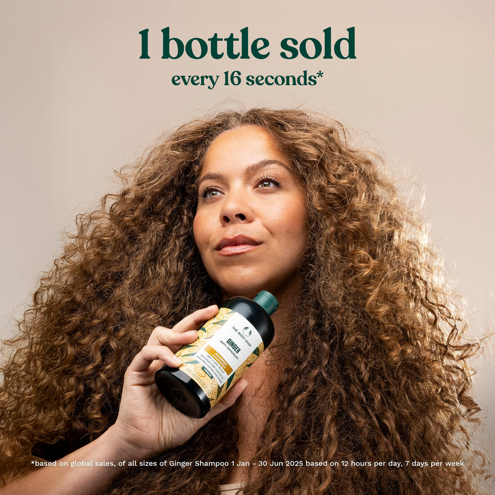 The Body Shop Ginger Scalp Care Conditioner bottle label highlights vegan silk protein and natural origin
