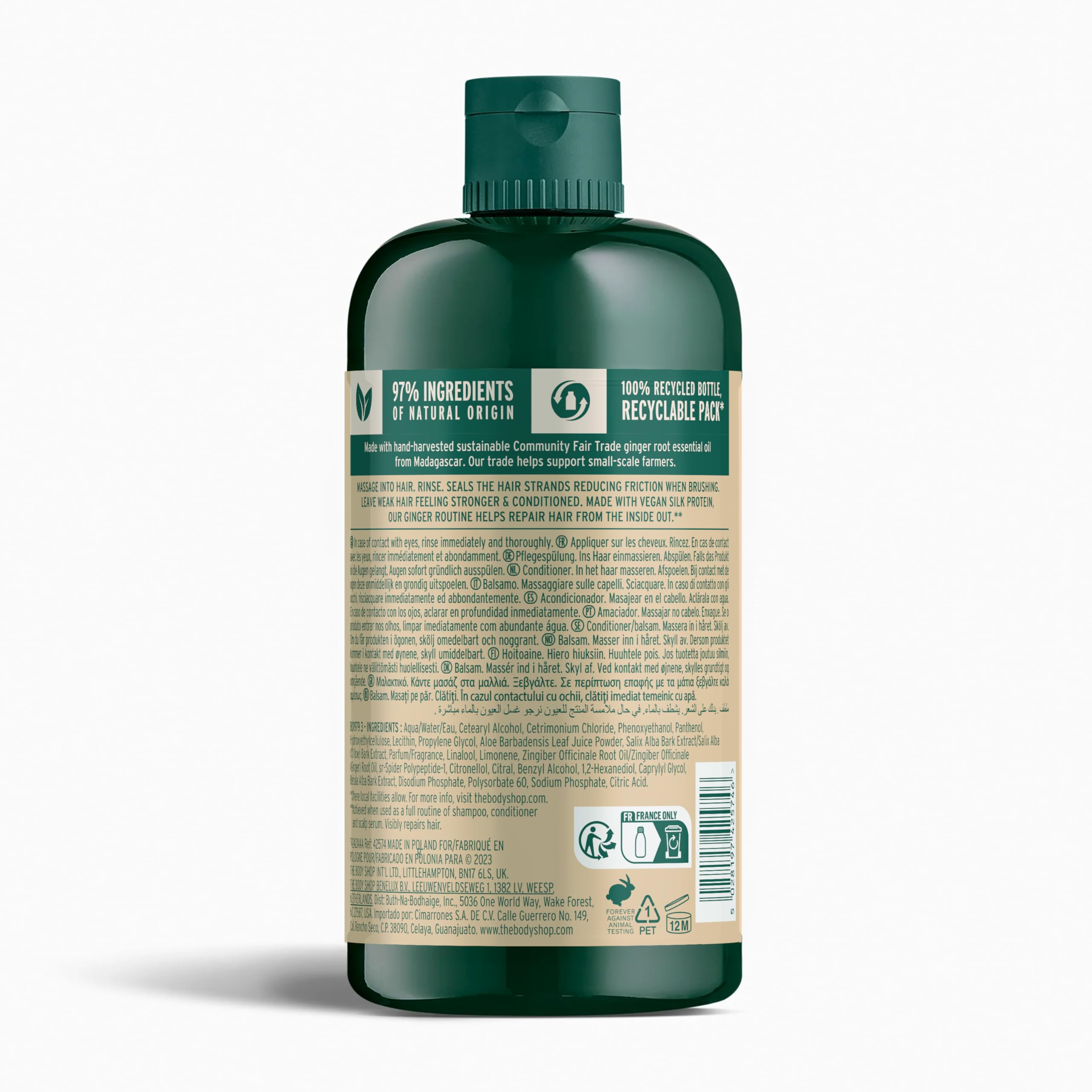 The Body Shop Ginger Scalp Care Conditioner dispensing pump visible for even application