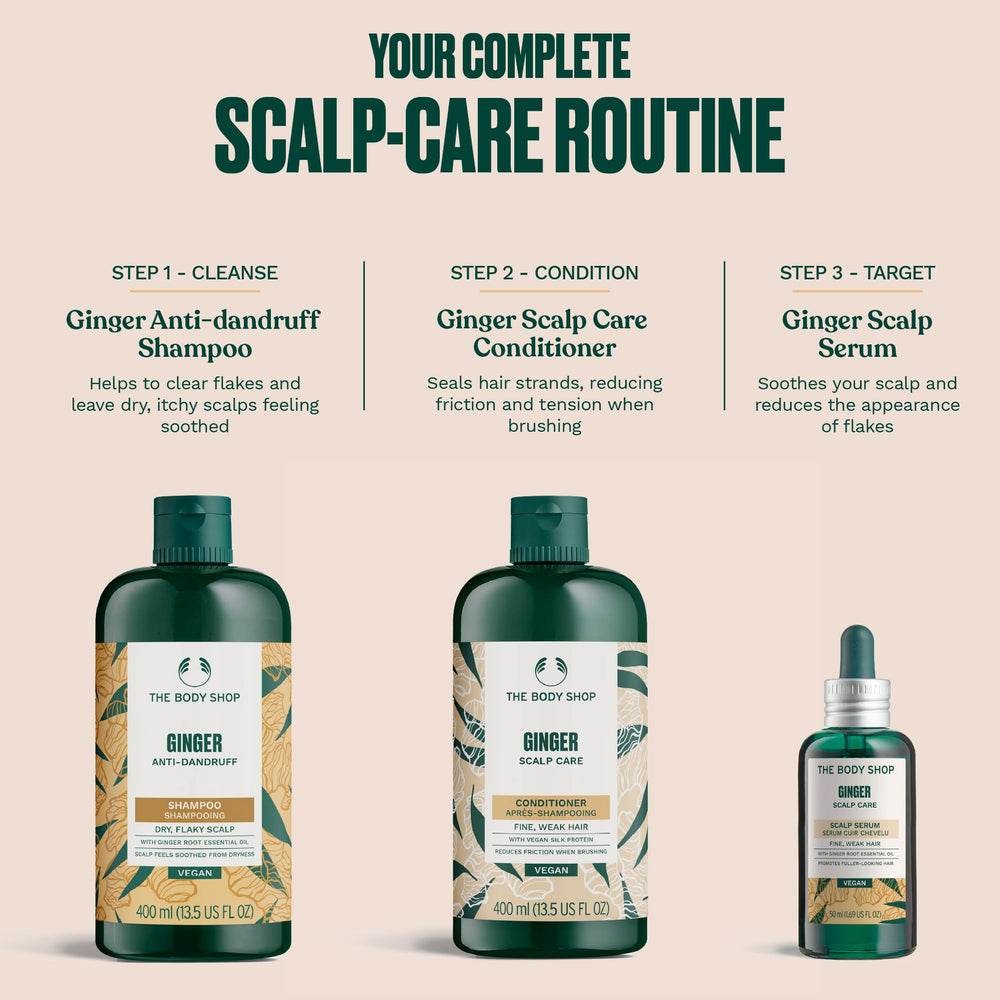 The Body Shop Ginger Scalp Care Conditioner ginger root oil sourced from Madagascar supports fair-trade farming.