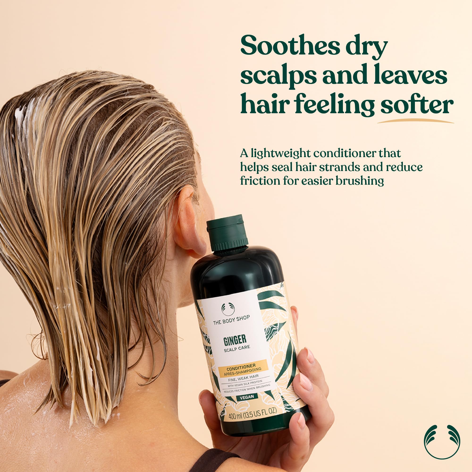 The Body Shop Ginger Scalp Care Conditioner ingredients list highlights vegan silk protein for nourishment.