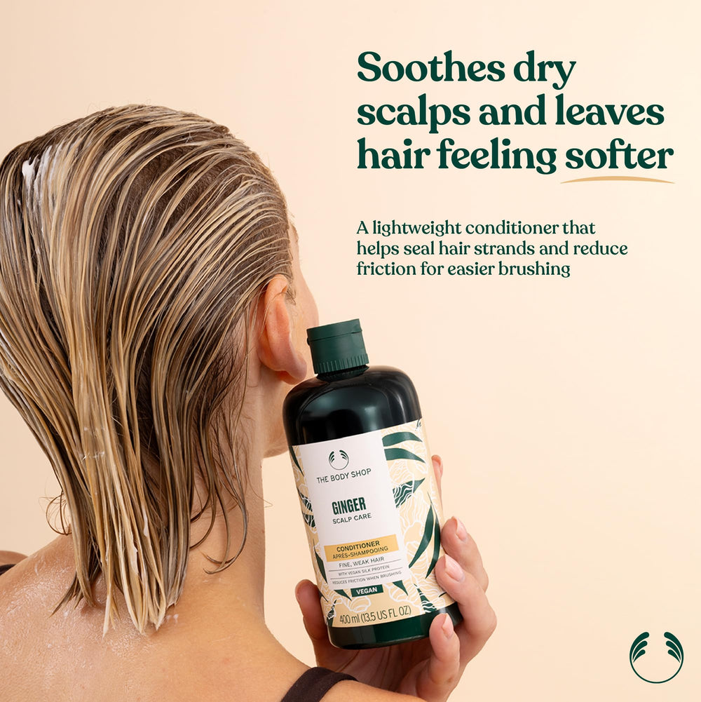 The Body Shop Ginger Scalp Care Conditioner ingredients list highlights vegan silk protein for nourishment.