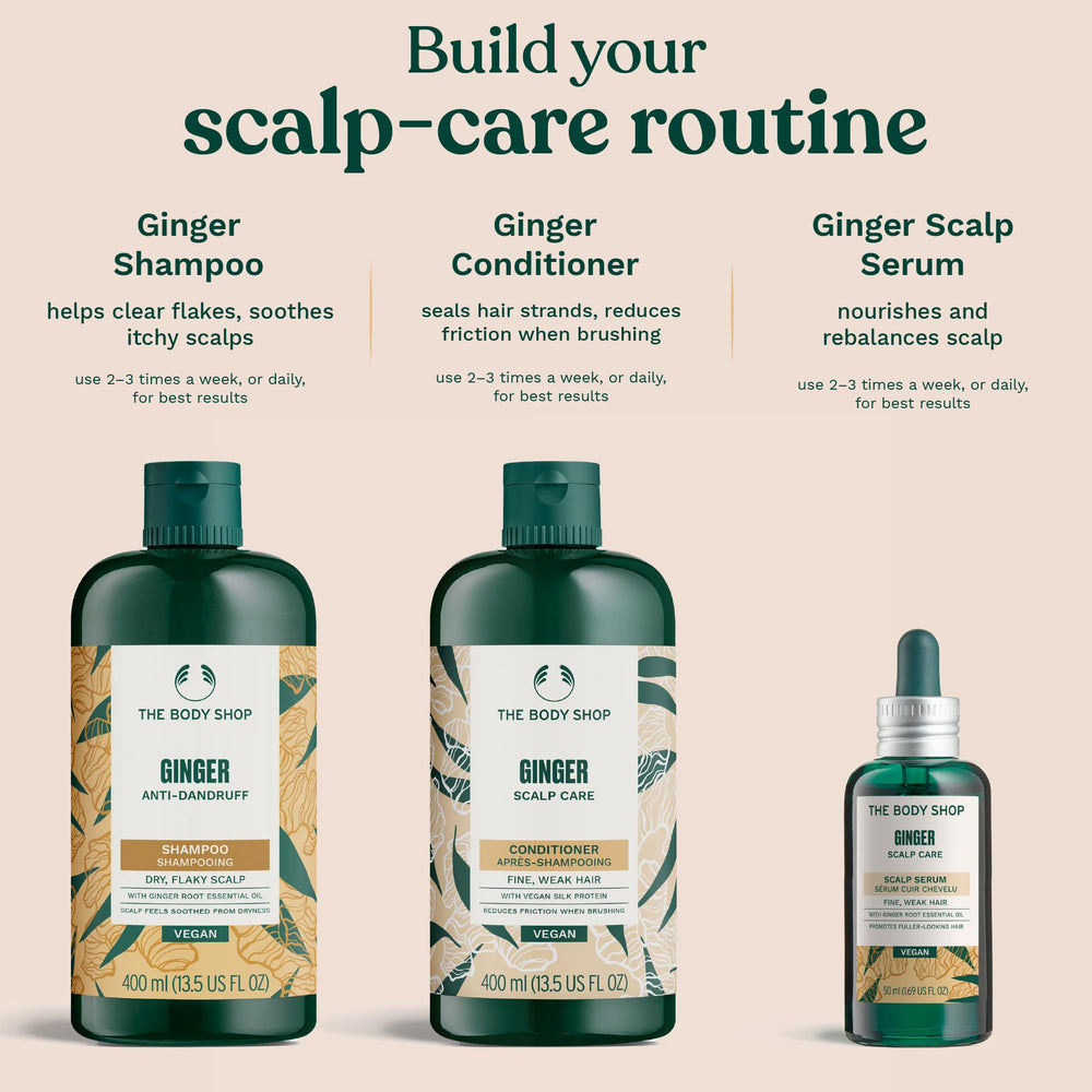 The Body Shop Ginger Scalp Care Conditioner packaging uses 100 percent recycled plastic