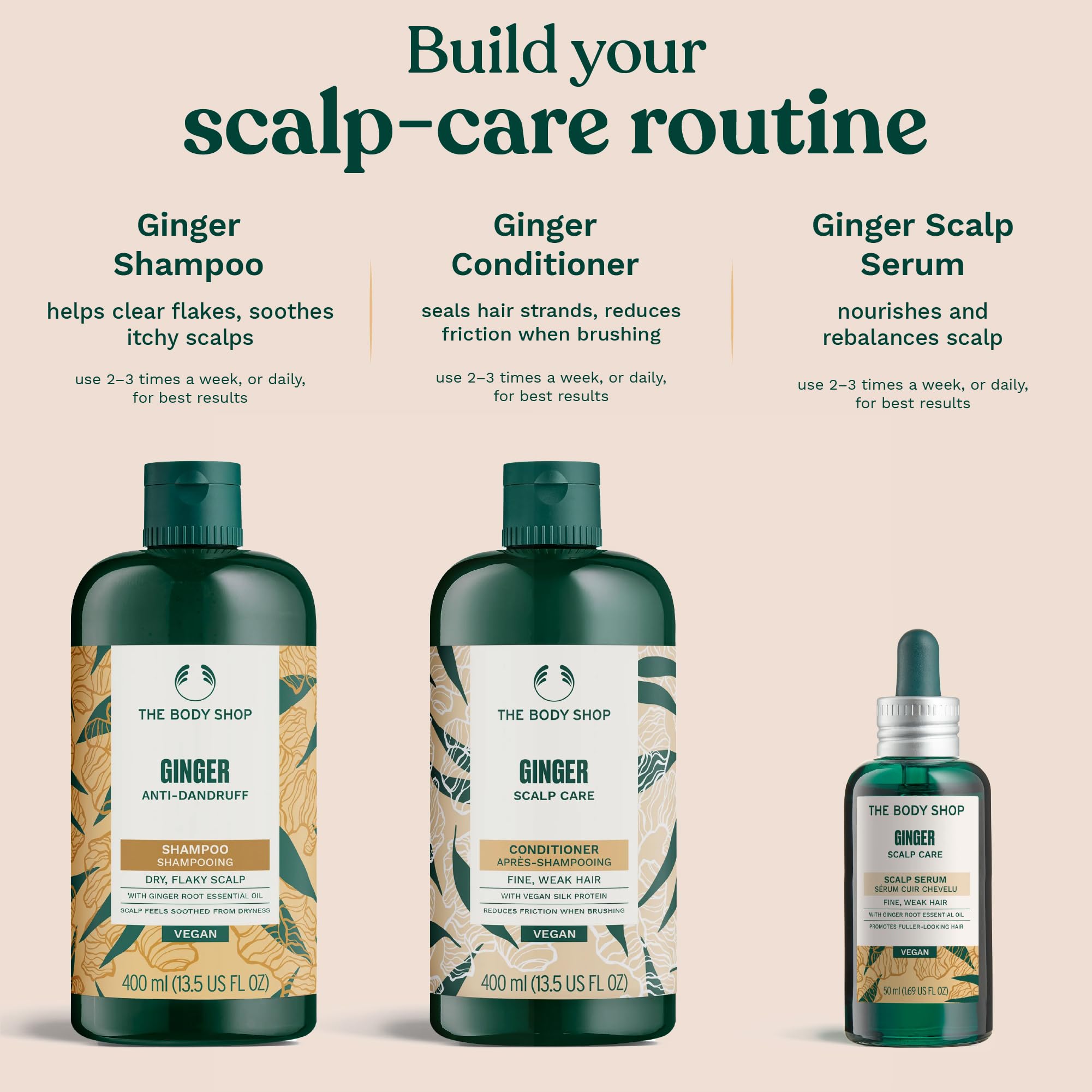 The Body Shop Ginger Scalp Care Conditioner packaging uses 100 percent recycled plastic