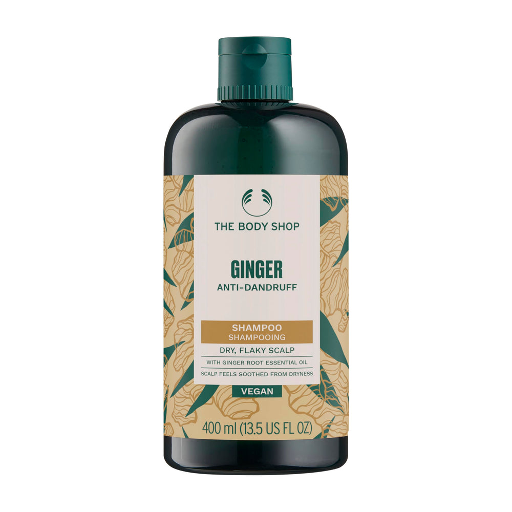 The Body Shop Ginger Scalp Care Shampoo bottle showing soothing scalp support