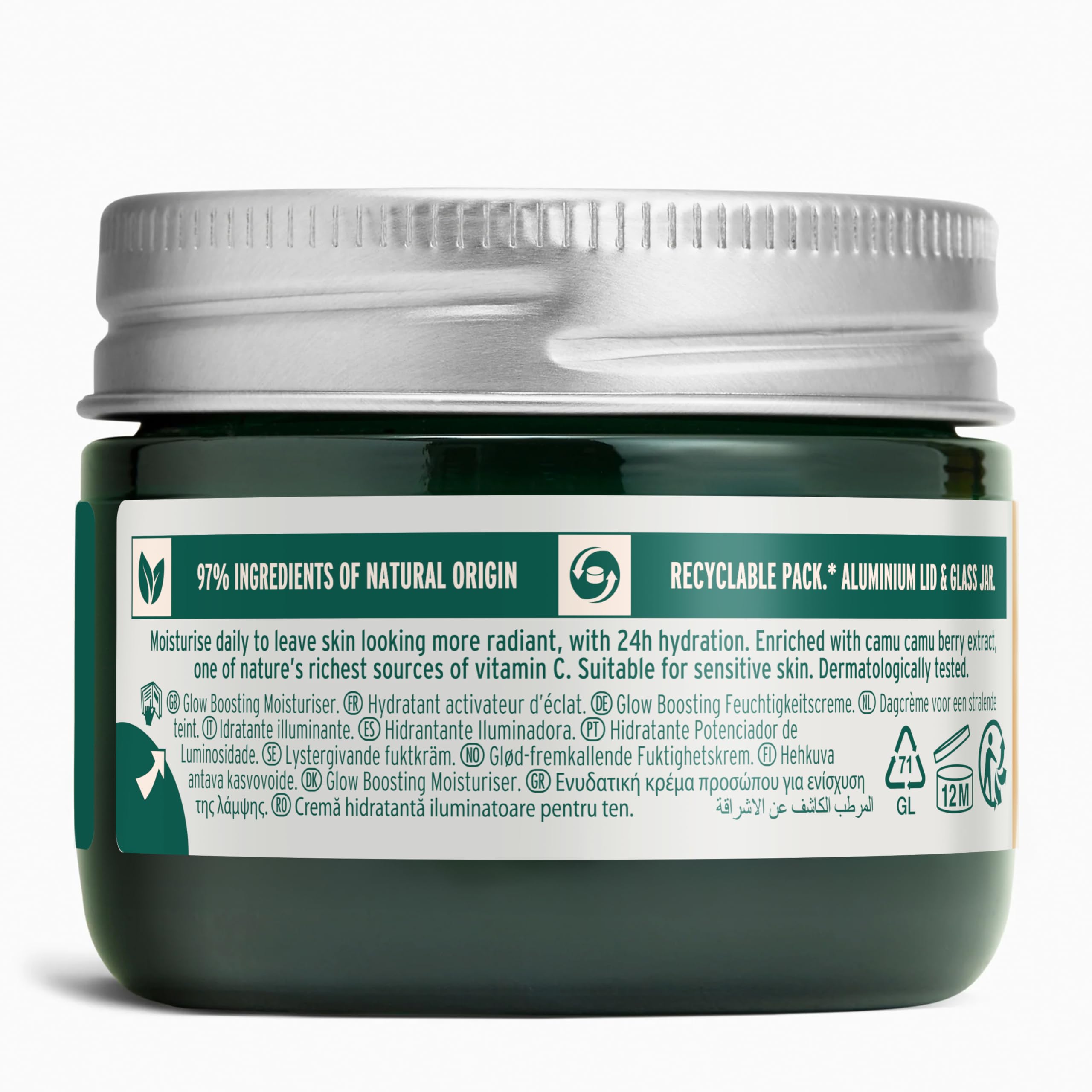 The Body Shop Glow Boost Moisturizer swatch on skin showing smooth, hydrated texture.