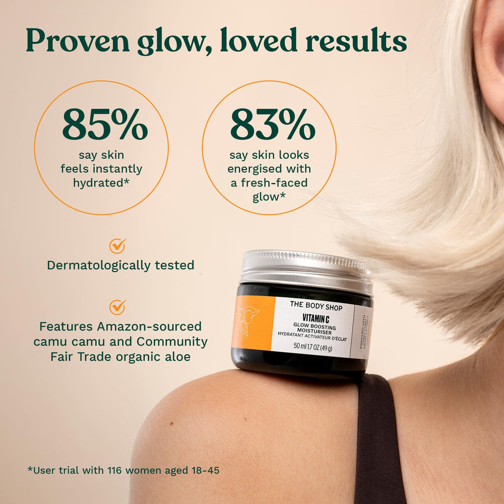 The Body Shop Glow Boost finish on face for natural radiance.