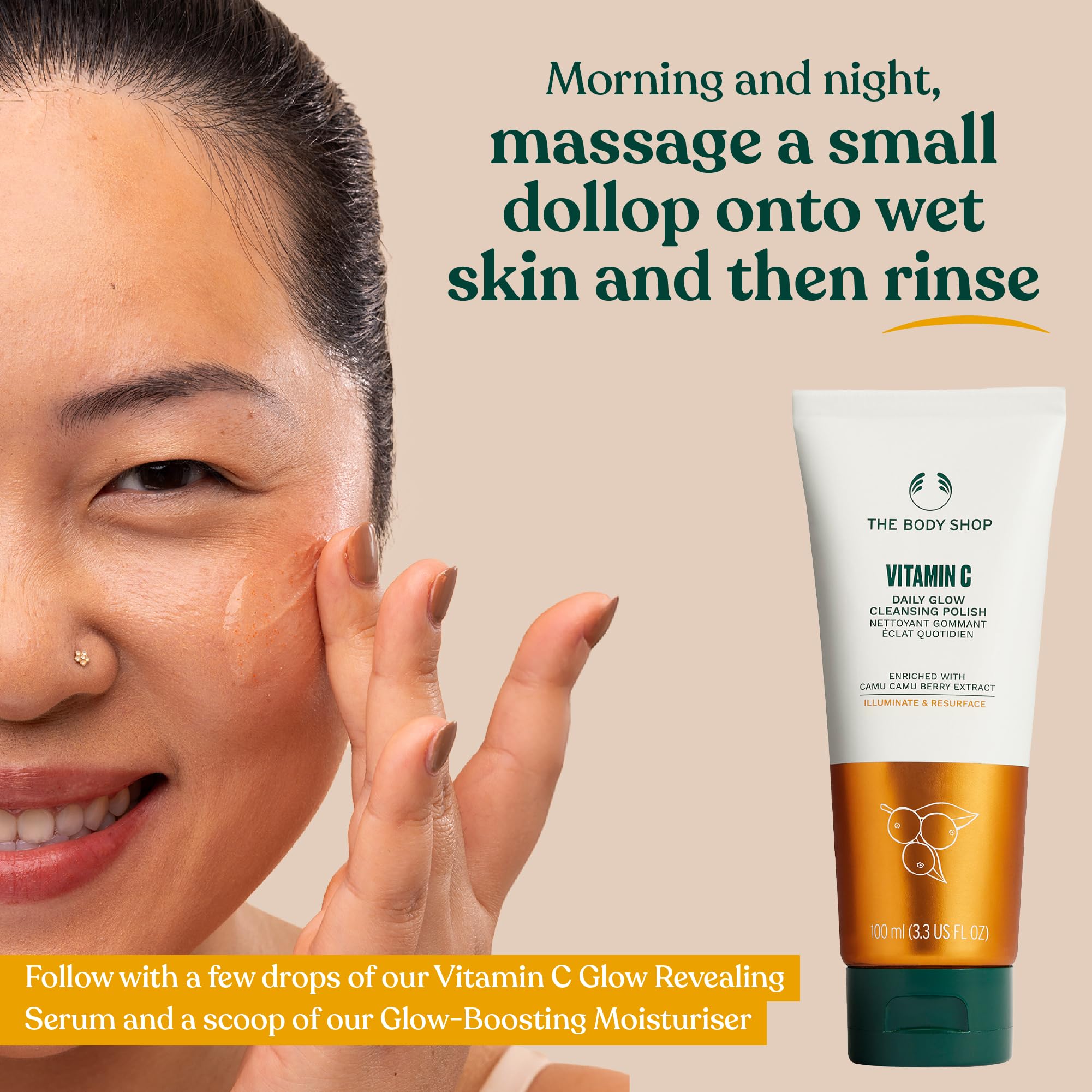 The Body Shop Glow routine sequence pairs cleanser with serum and moisturiser.